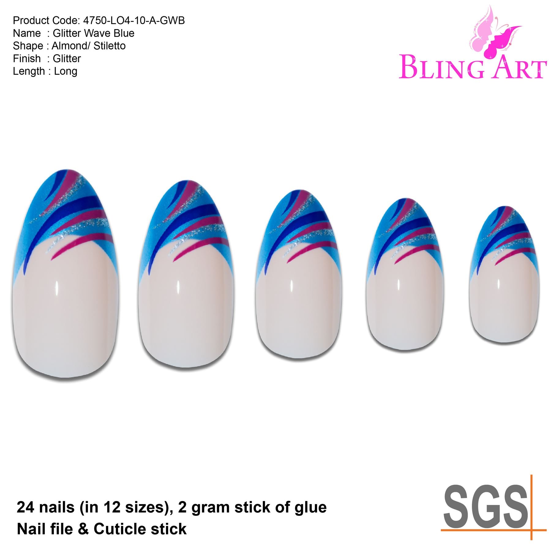 False Nails by Bling Art Glitter Blue 24 Almond Stiletto Long Fake Tips with Glue