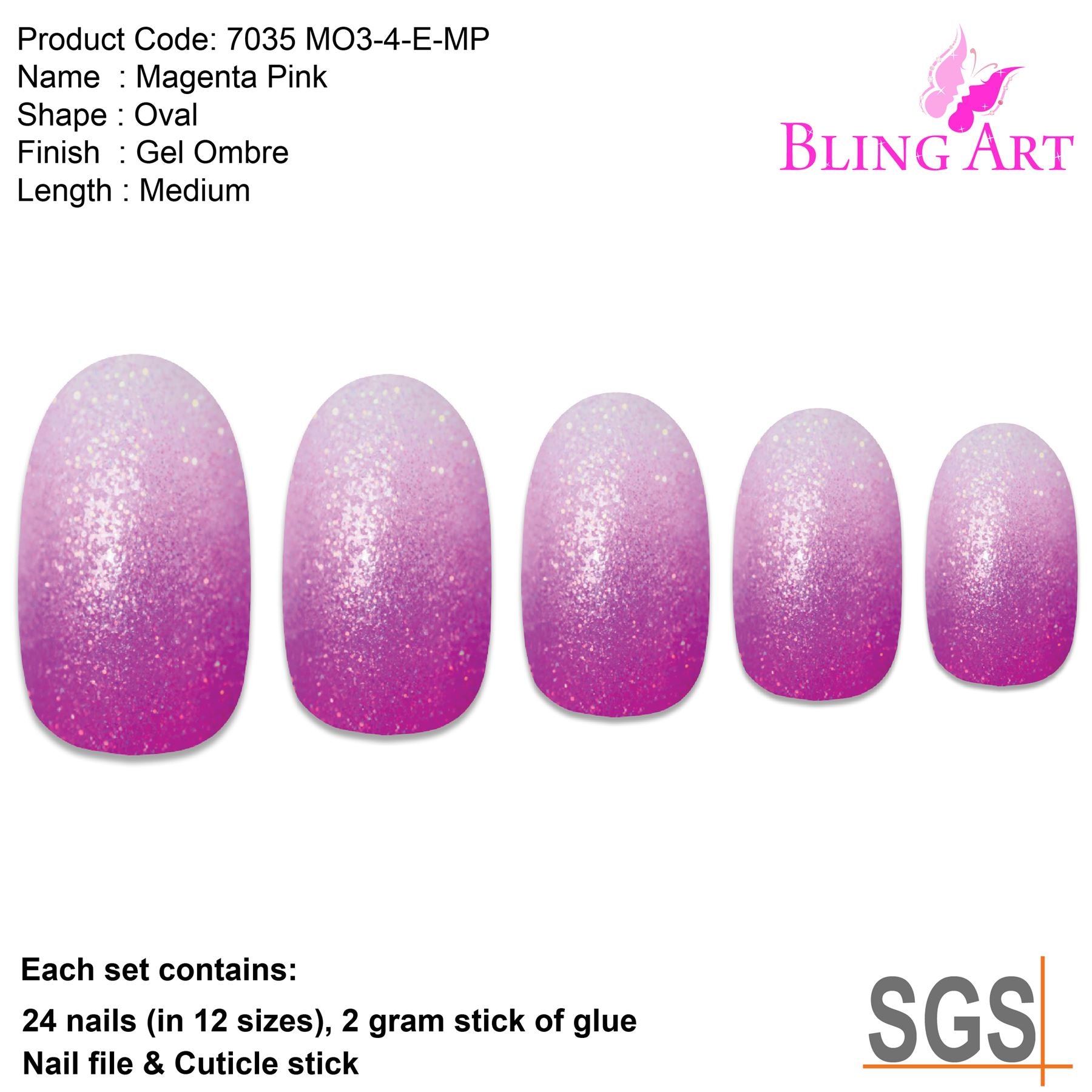 False Nails by Bling Art Magenta Gel Ombre Oval Medium Fake Acrylic 24 Tips