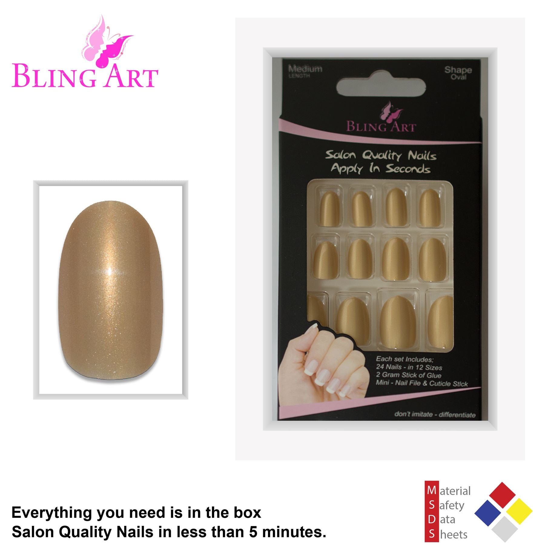 False Nails by Bling Art Gold Glitter Oval Medium Fake Acrylic 24 Tips with Glue