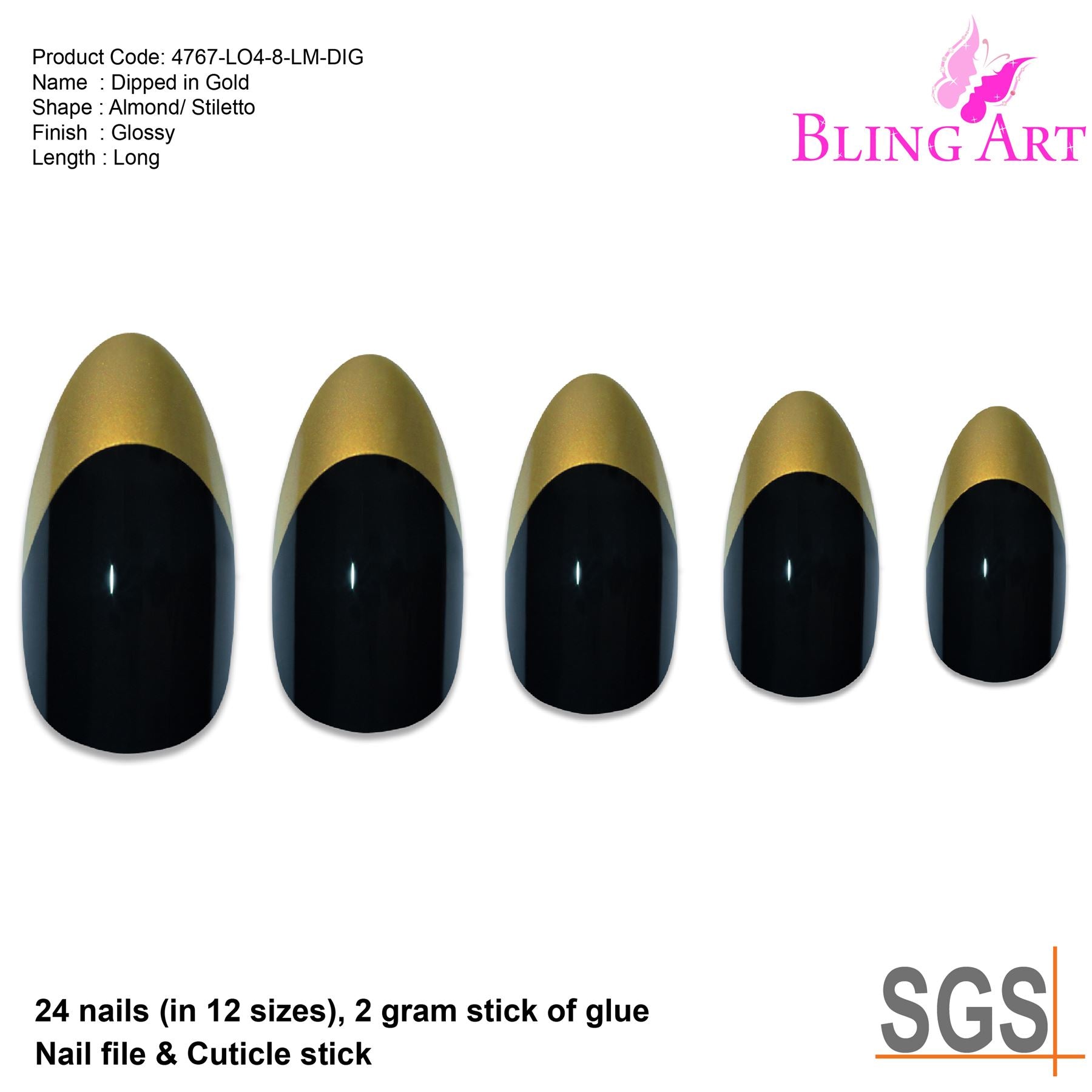 False Nails Bling Art Black Gold Almond Stiletto Long Fake Acrylic Tips with Glue