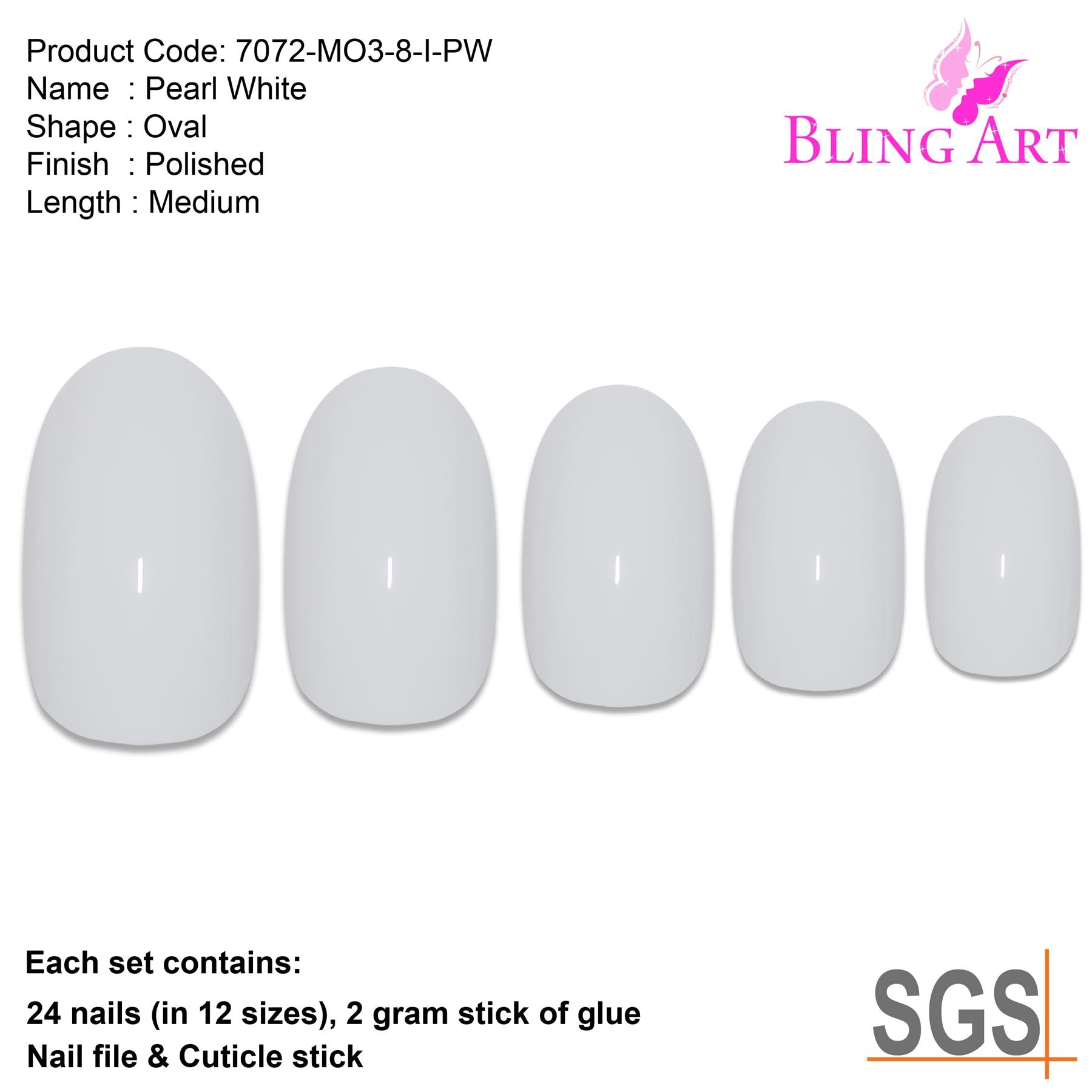 False Nails by Bling Art White Polished Oval Medium Fake 24 Acrylic Nail Tips