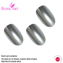 False Nails by Bling Art Silver Matte Metallic Oval Medium Fake Acrylic Tips Glue