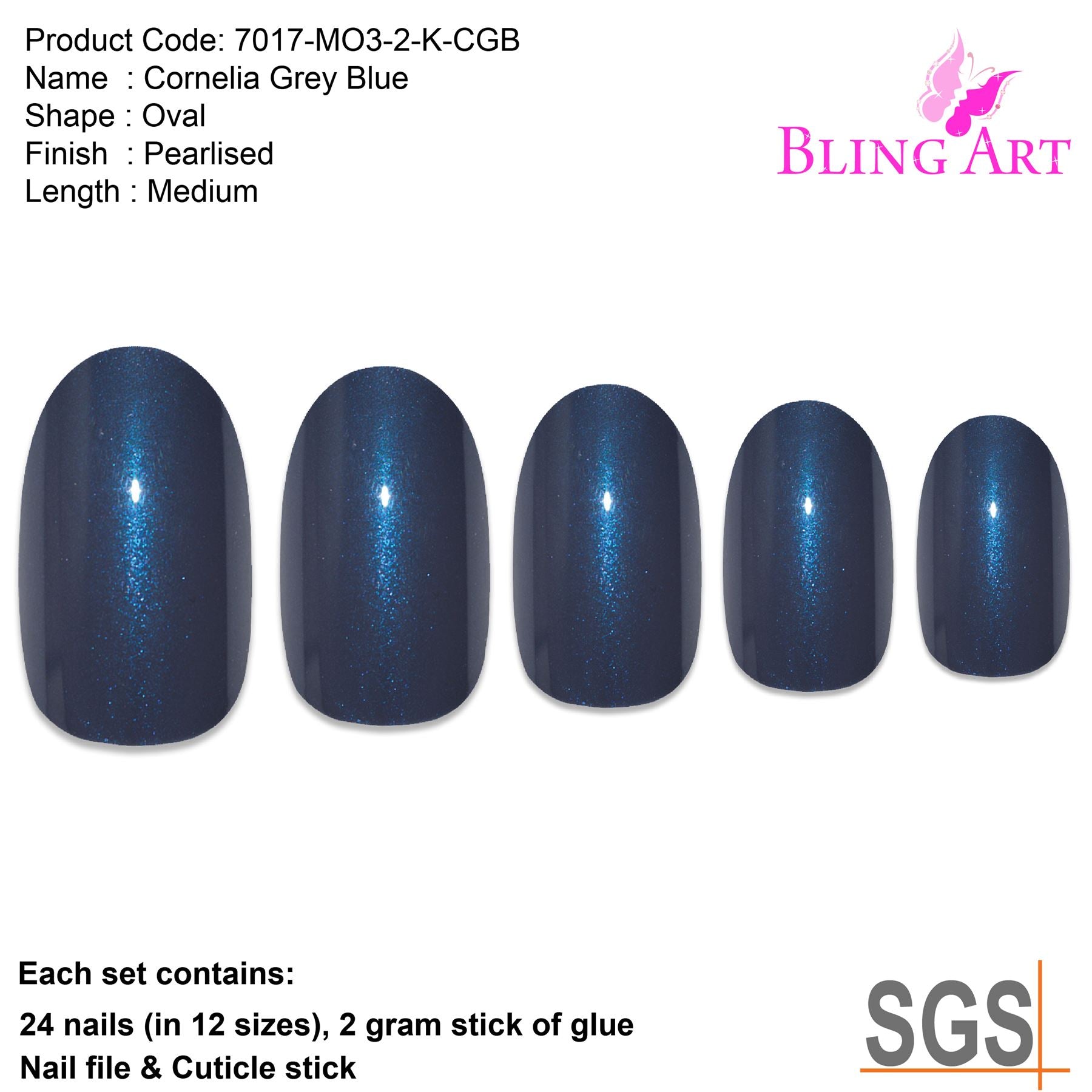 False Nails by Bling Art Grey Glitter Oval Medium Fake Acrylic 24 Tips with Glue