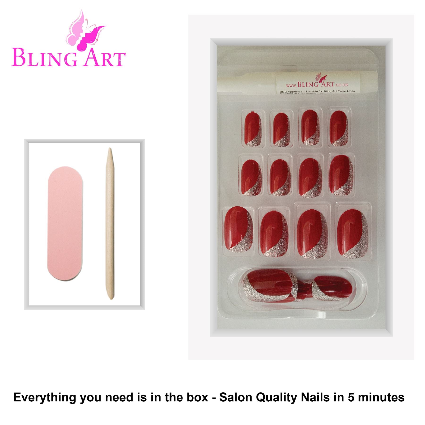 False Nails by Bling Art Red Glitter Oval Medium Fake Acrylic Nail Tips with Glue
