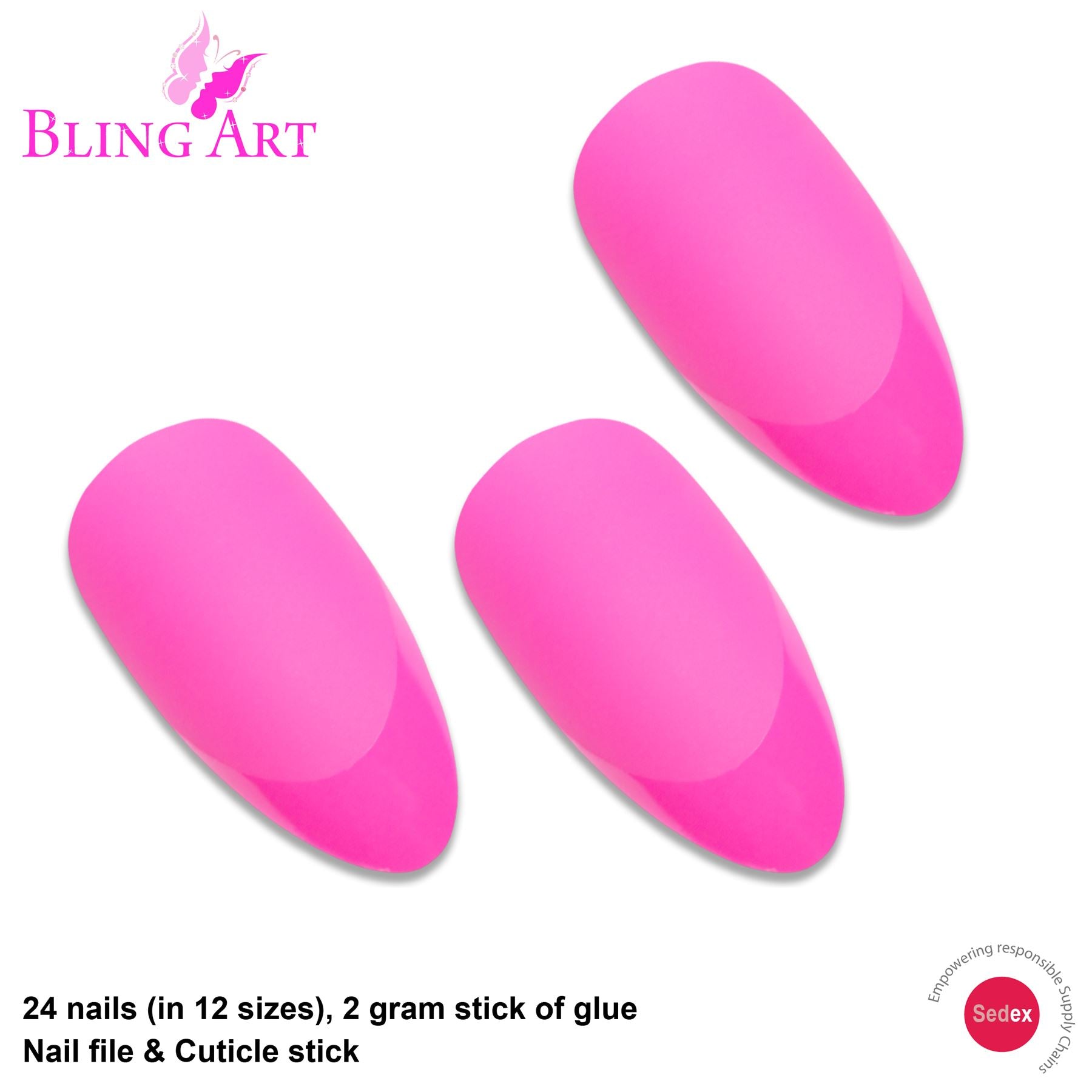 False Nails by Bling Art Matte Pink 24 Almond Stiletto Long Fake Tips with Glue