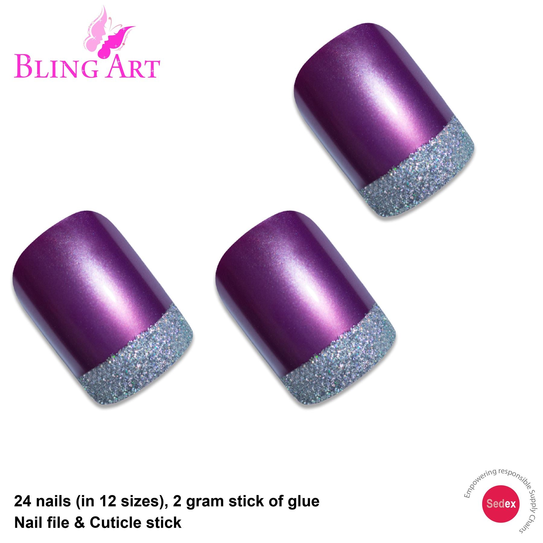 False Nails by Bling Art Purple Silver French Manicure Fake Medium Tips with Glue