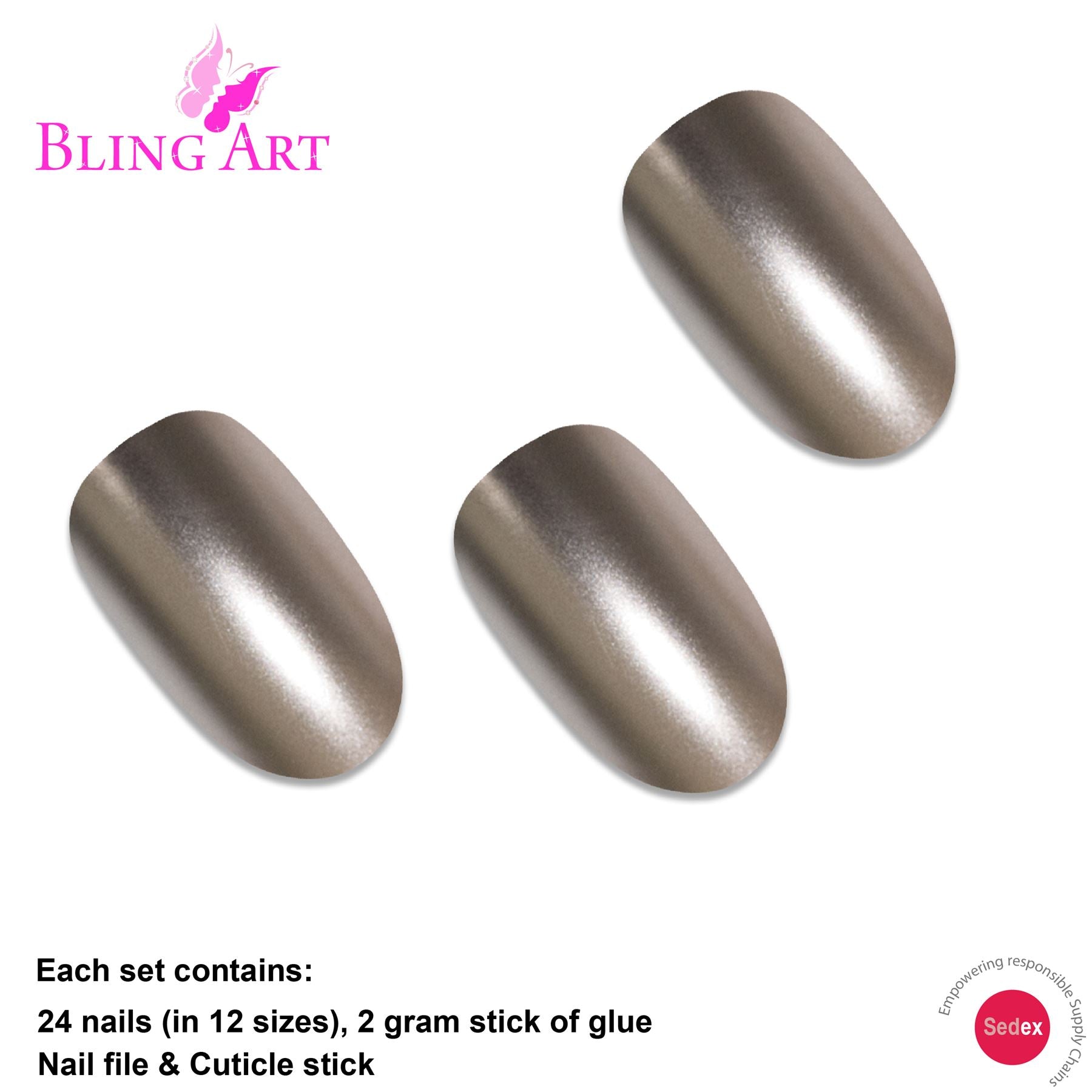 False Nails by Bling Art Beige Matte Metallic Oval Medium Fake Acrylic Tips Glue