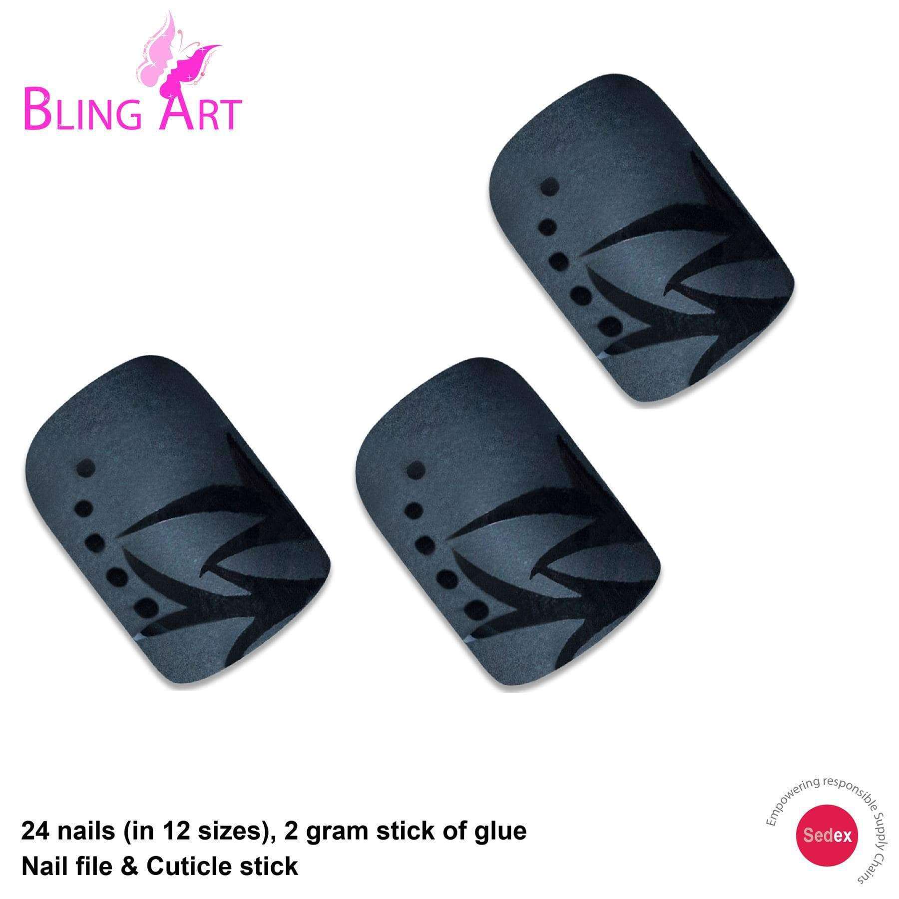 False Nails by Bling Art Black Leaf Matte French Squoval 24 Fake Medium Tips