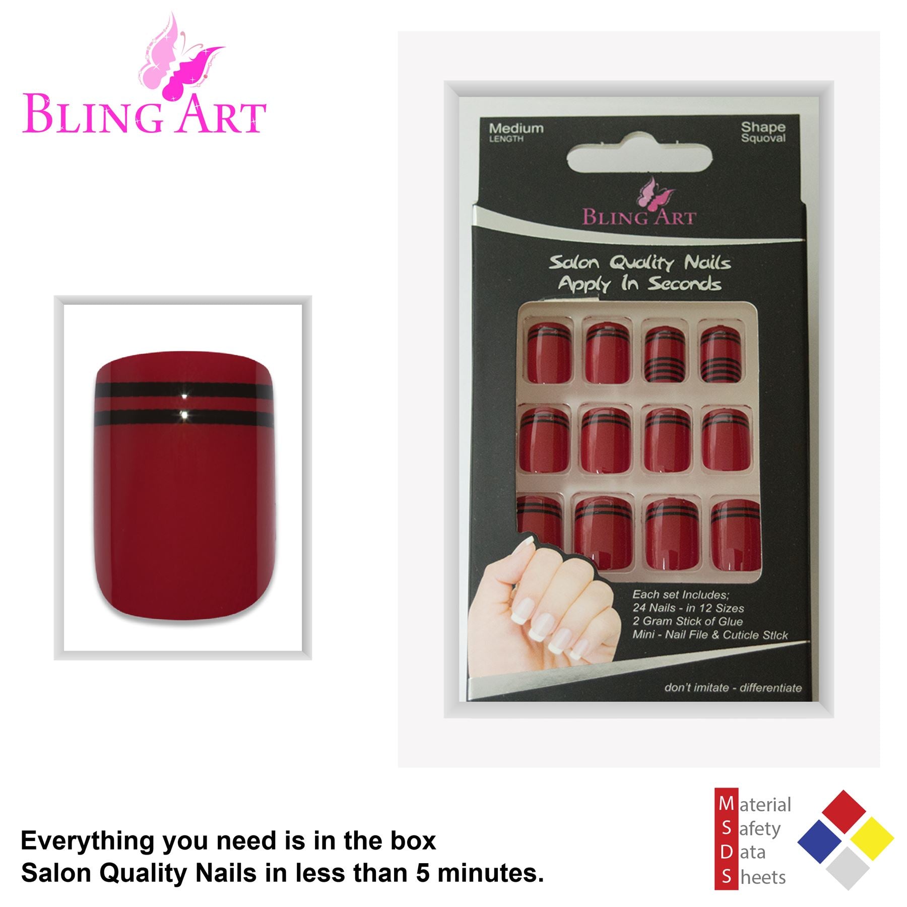 False Nails by Bling Art Red Black Glossy French Squoval 24 Fake Medium Tips