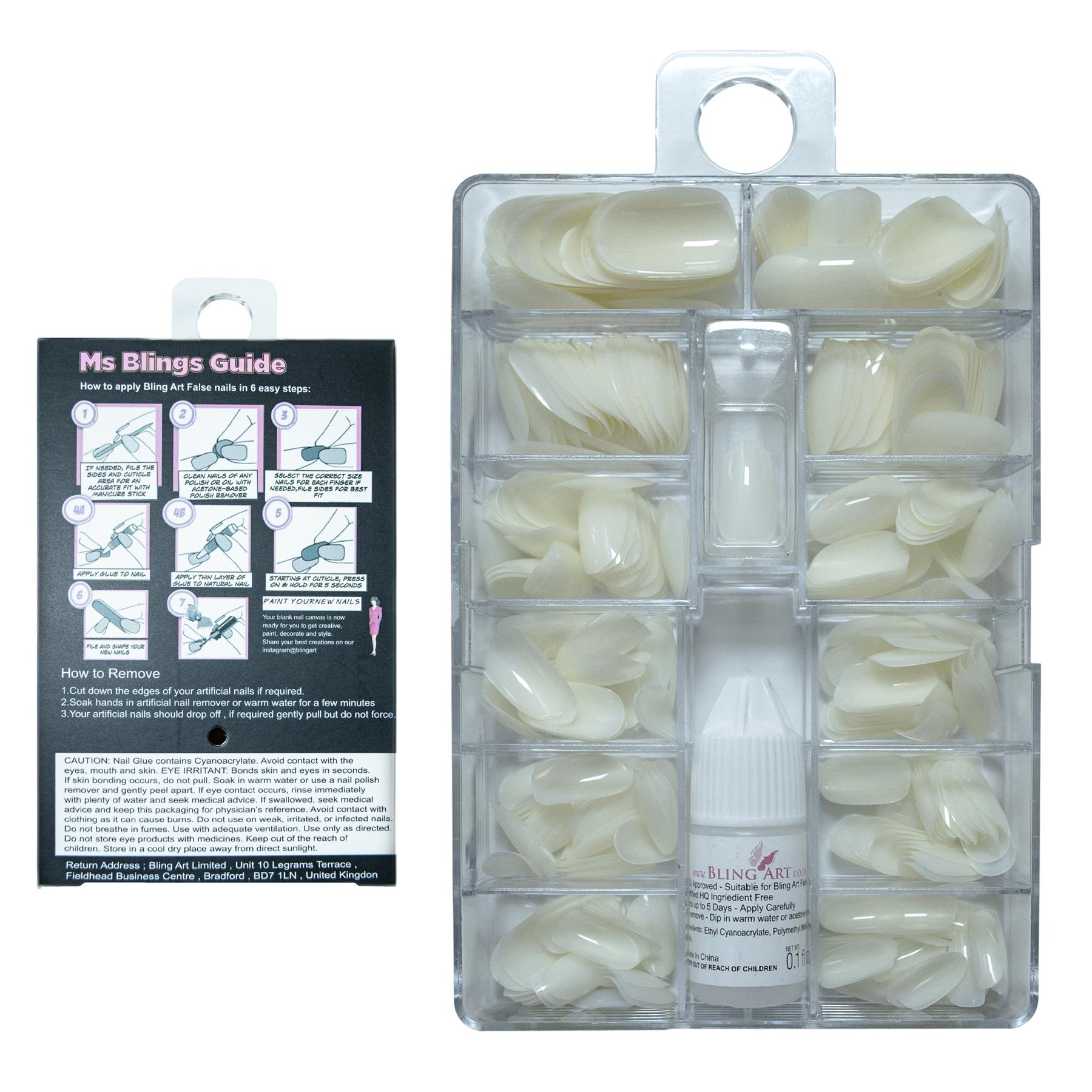 False Nails by Bling Art 360 Oval Medium Natural Acrylic Fake Nail Tips with glue