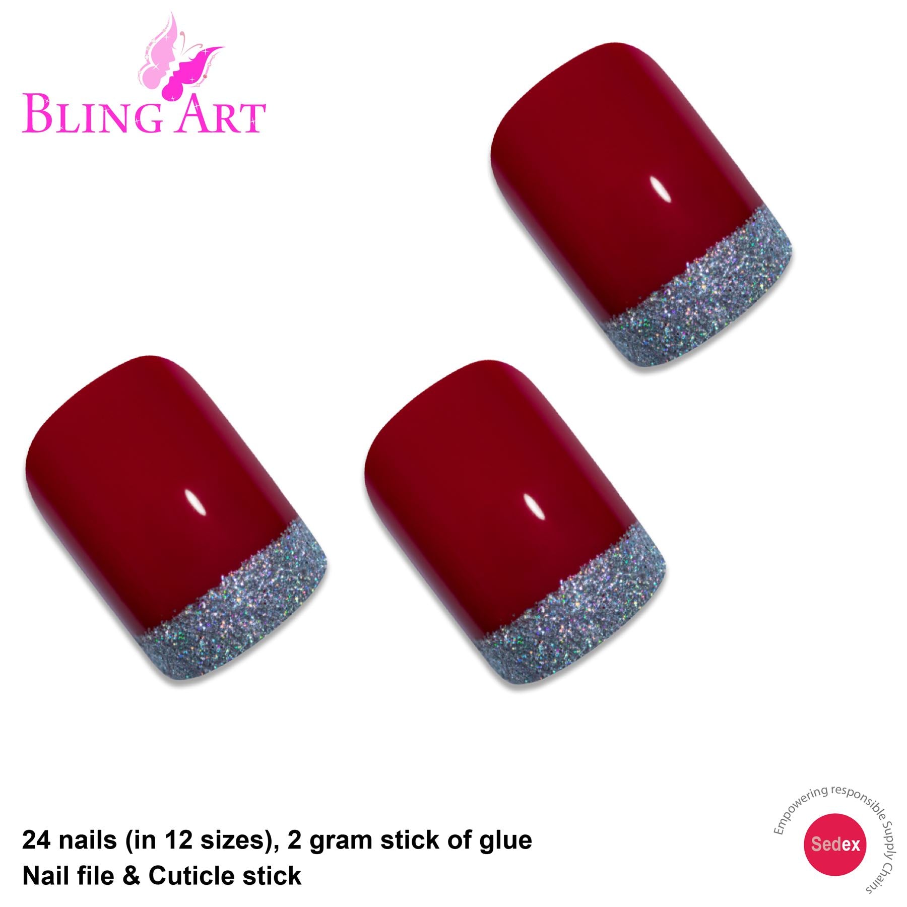 False Nails by Bling Art Red Silver French Manicure Fake Medium Tips with Glue