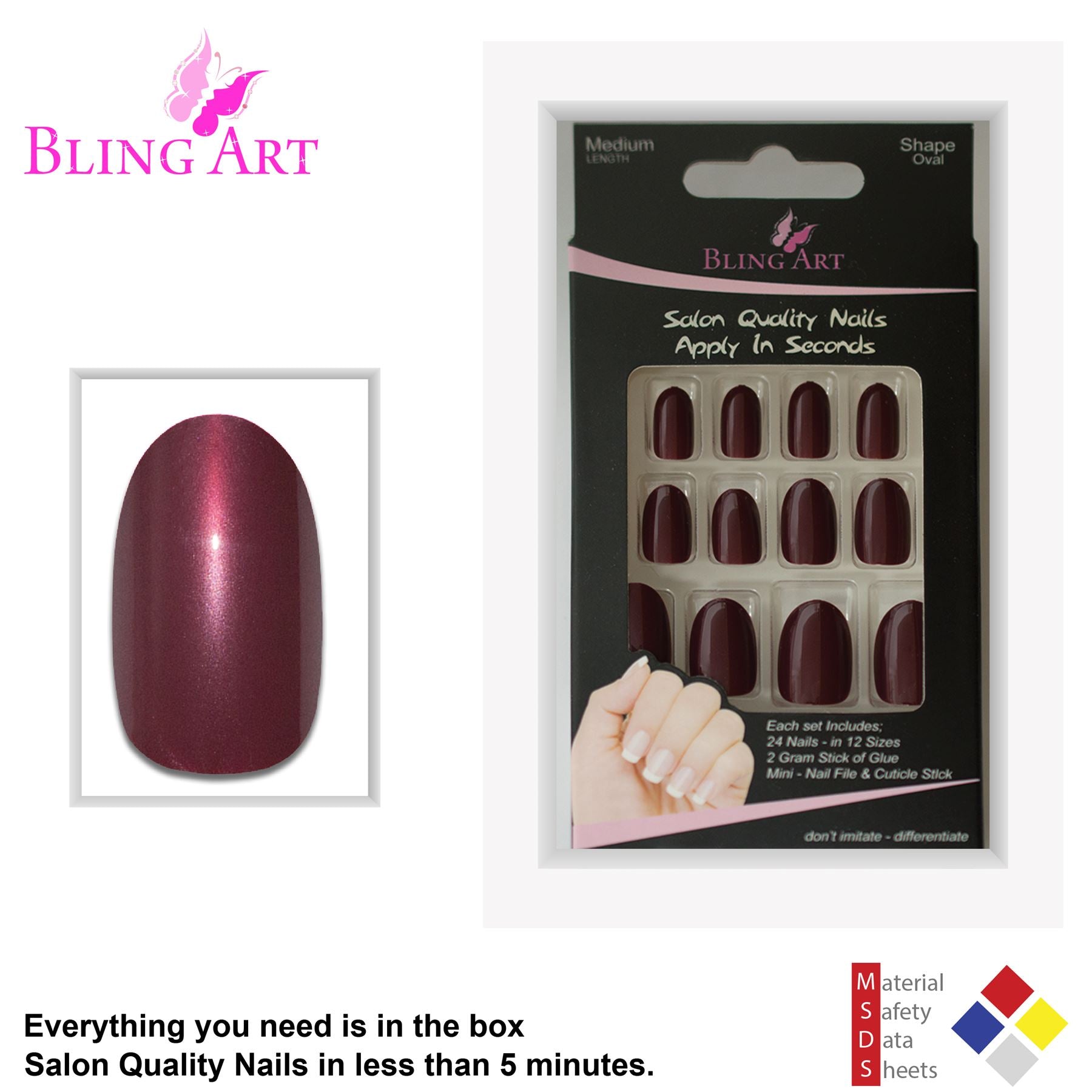 False Nails by Bling Art Red Brown Glitter Oval Medium  Acrylic Tips with Glue