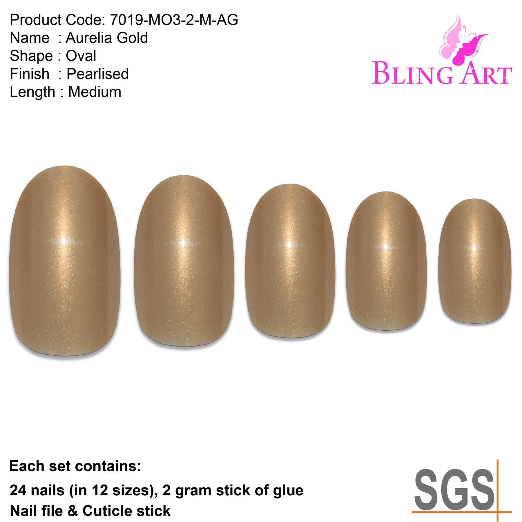 False Nails by Bling Art Gold Glitter Oval Medium Fake Acrylic 24 Tips with Glue