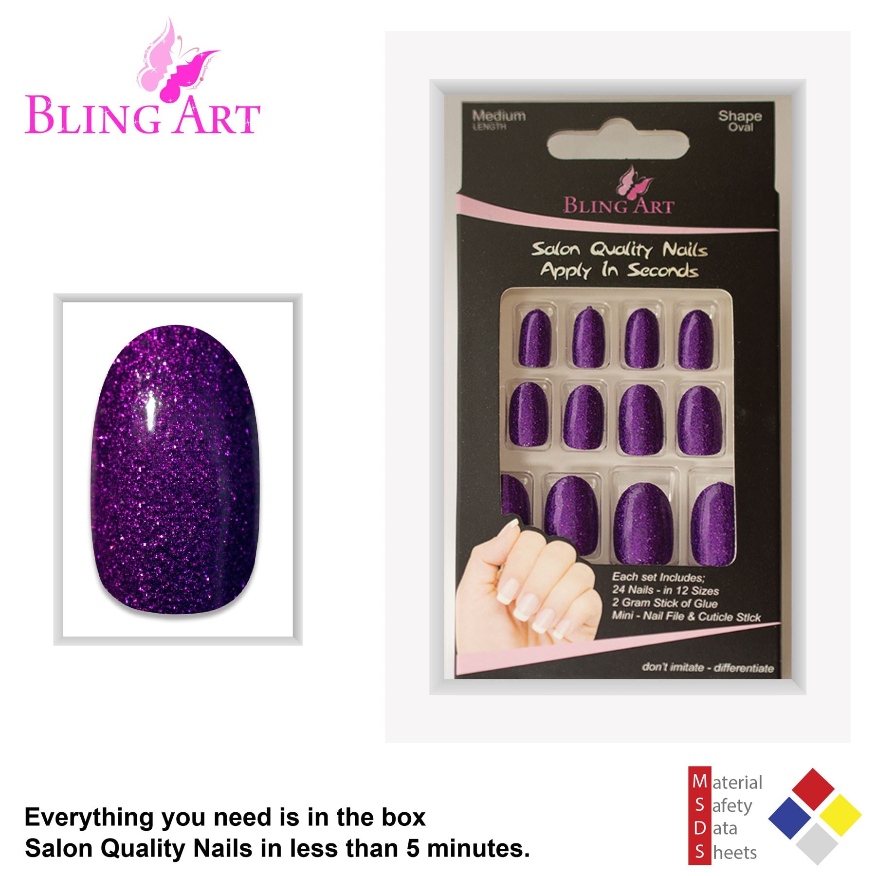 False Nails by Bling Art Purple Gel Oval Medium Fake Acrylic Round Nail Tips with Glue