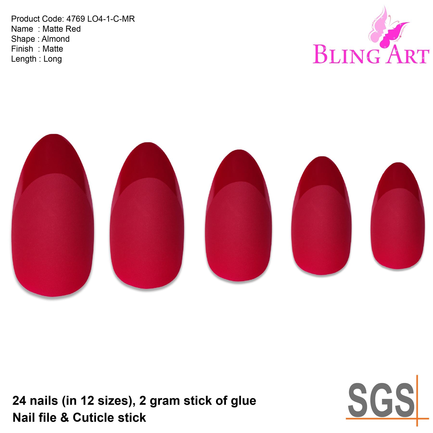 False Nails Bling Art Red Matte Almond Stiletto Long Fake Acrylic Tips with Glue