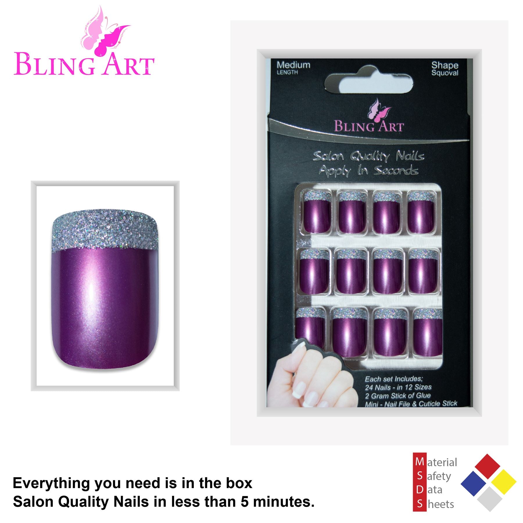 False Nails by Bling Art Purple Silver French Manicure Fake Medium Tips with Glue