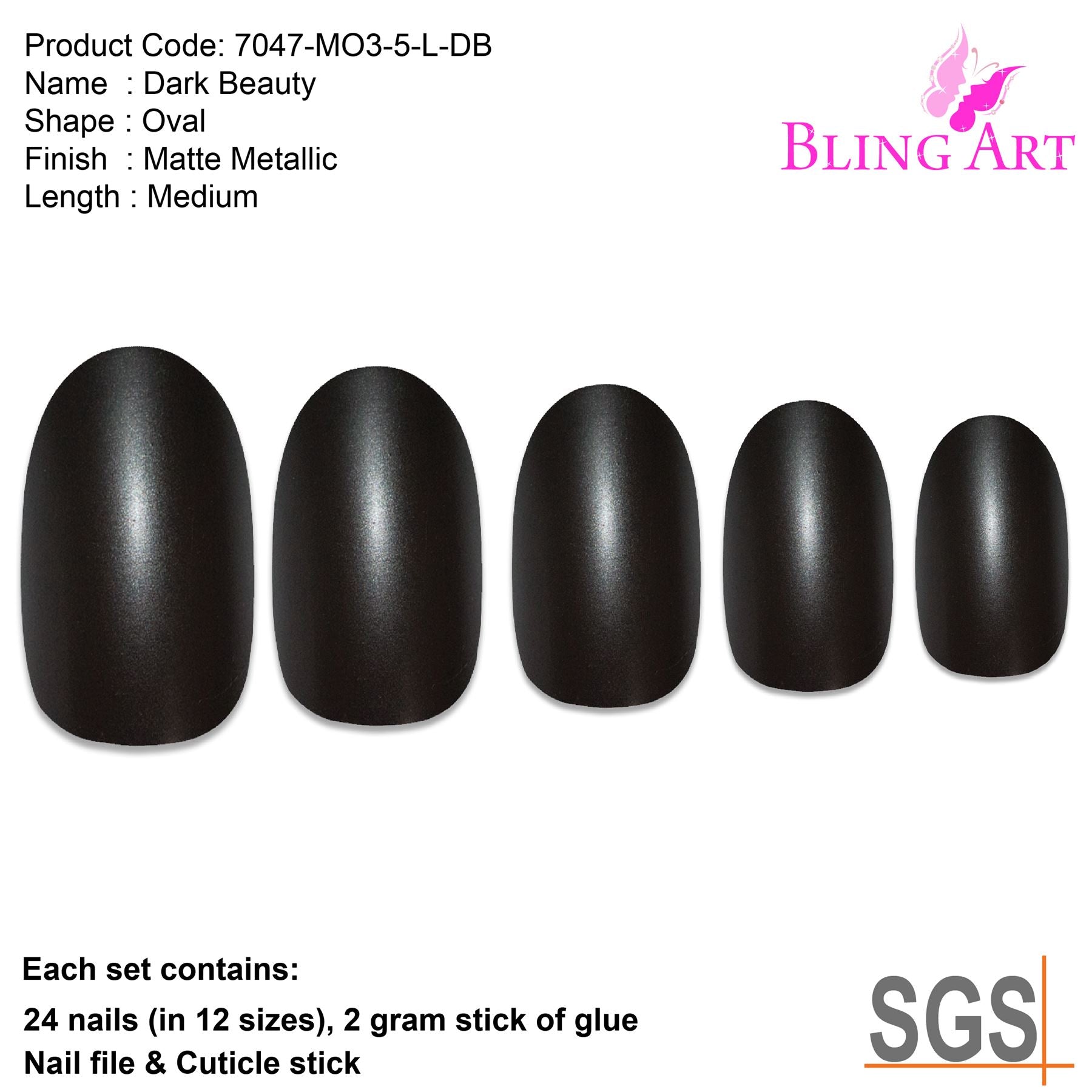False Nails by Bling Art Black Matte Metallic Oval Medium Fake Acrylic Tips Glue