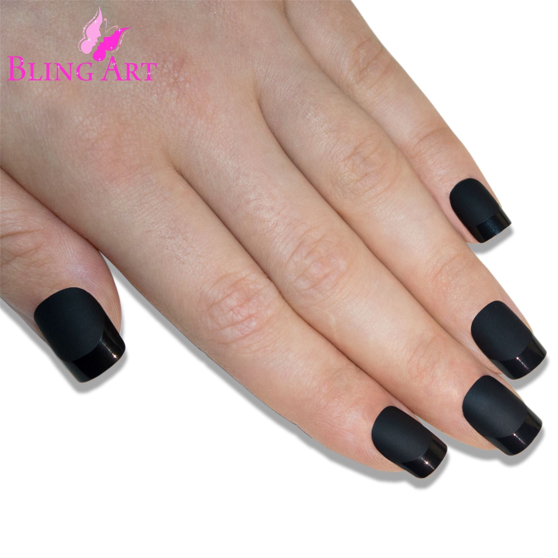 False Nails by Bling Art Black Matte French Manicure Fake Medium Tips with Glue