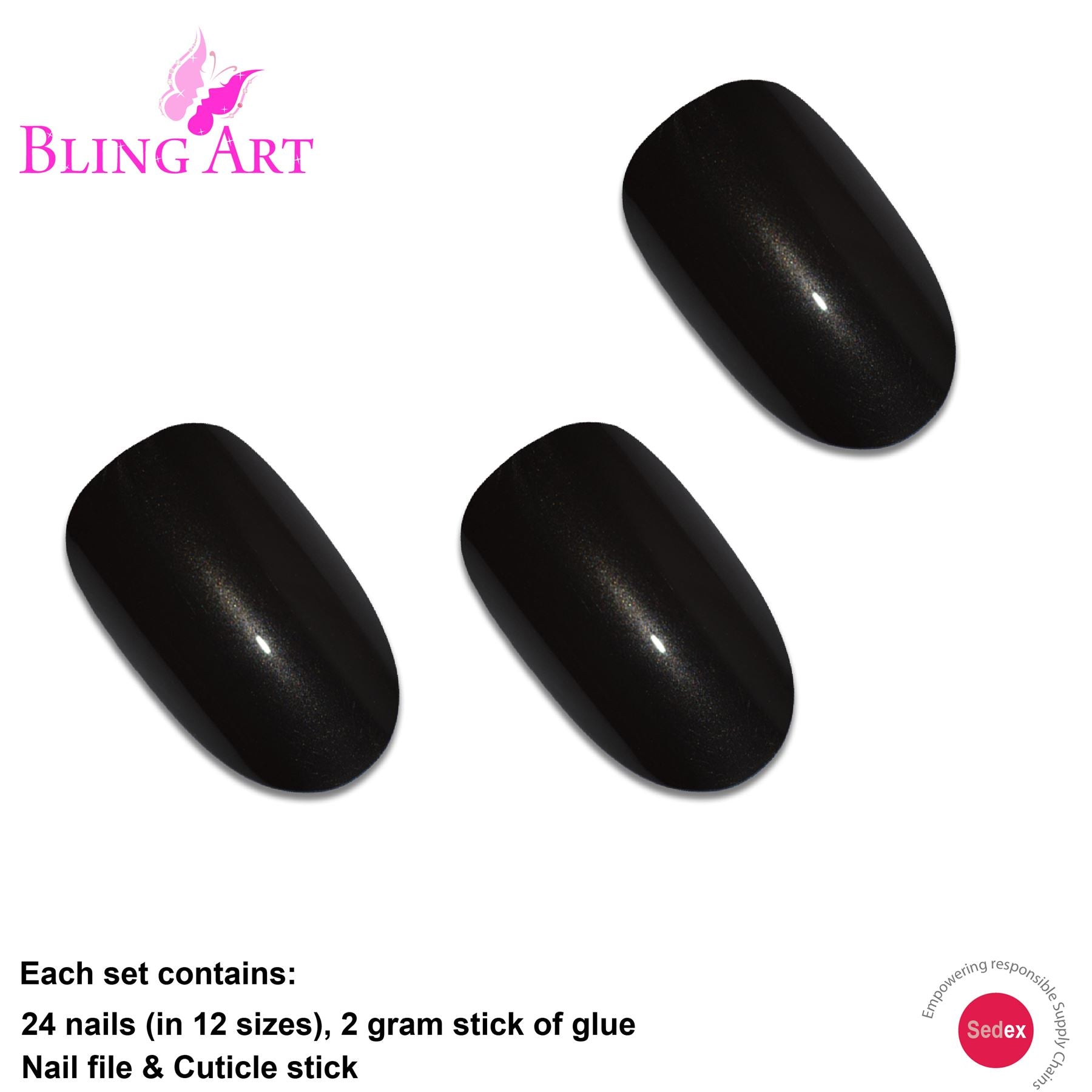 False Nails by Bling Art Black Glitter Oval Medium Fake Acrylic 24 Tips with Glue
