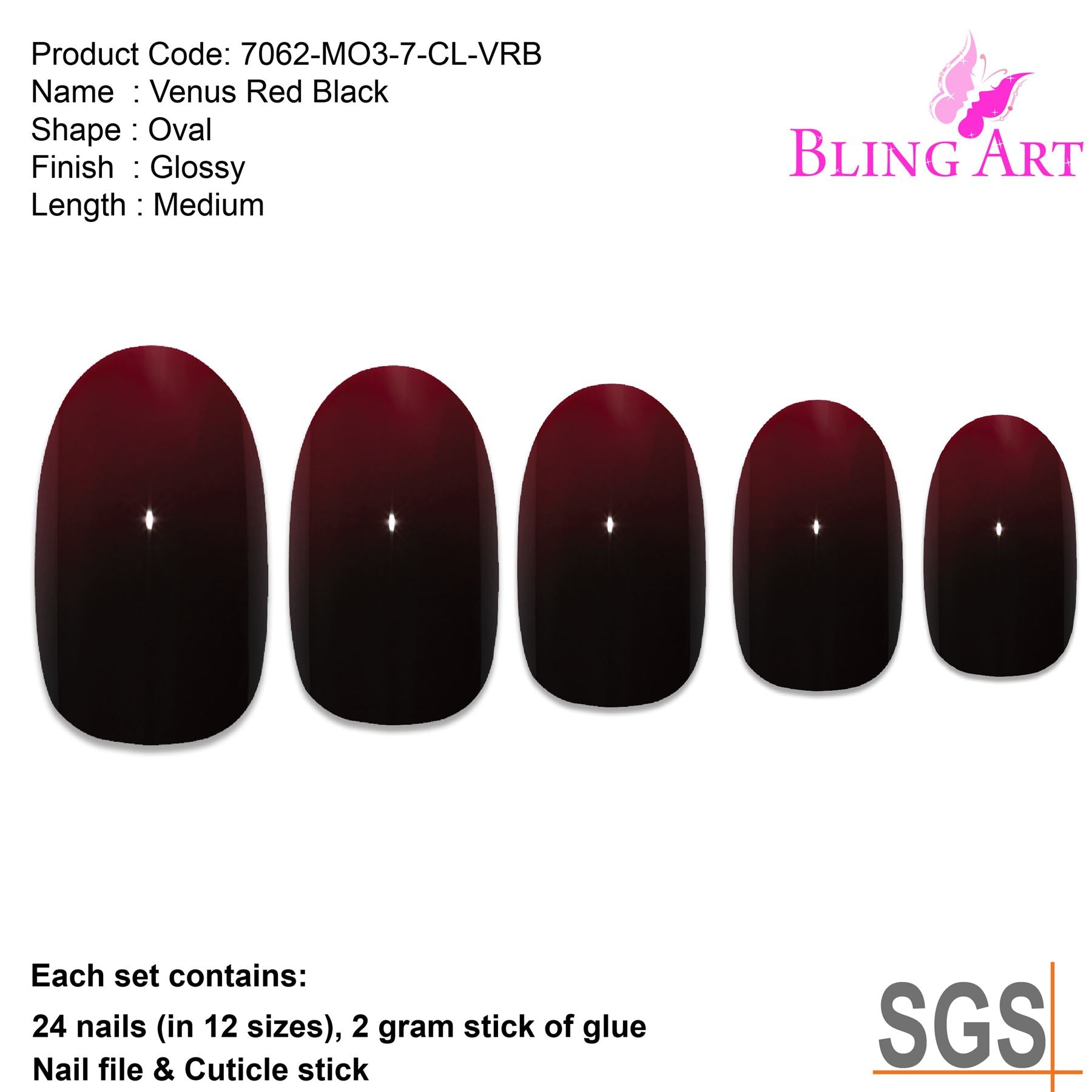 False Nails by Bling Art Red Black Oval Medium Fake 24 Acrylic Nail Tips Glue