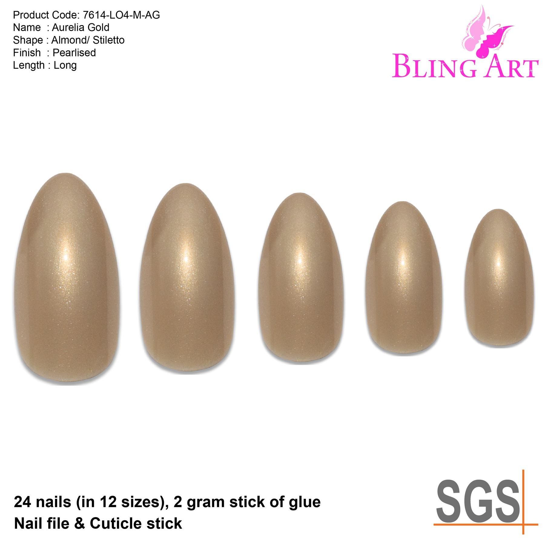 False Nails by Bling Art Gold Glitter Almond Stiletto 24 Fake Long Acrylic Tips