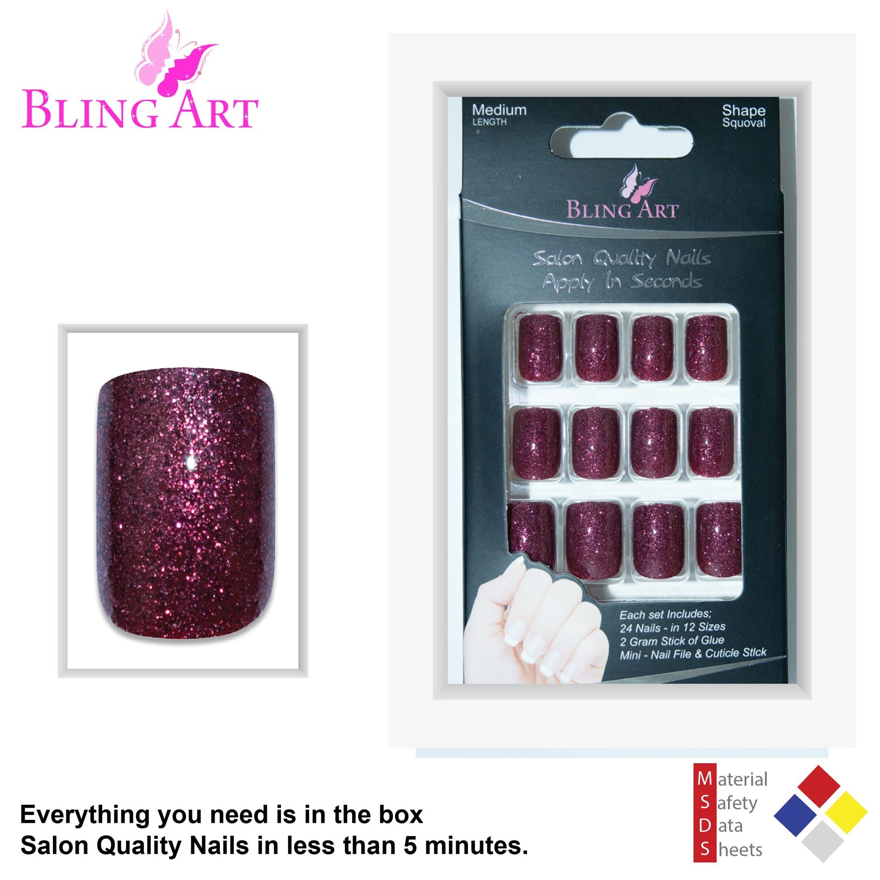 False Nails by Bling Art Red Brown Gel French Squoval 24 Fake Medium Tips