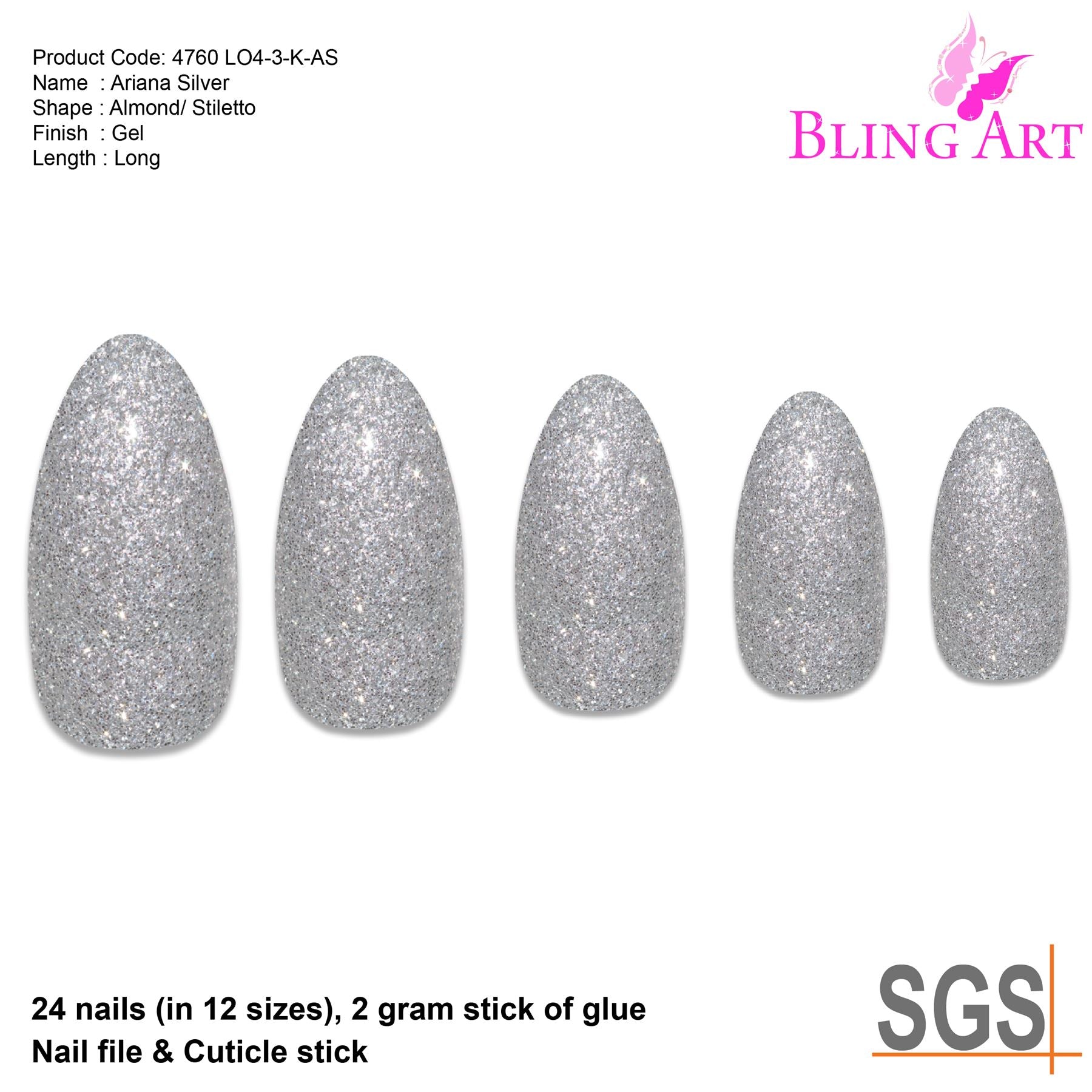 False Nails Bling Art Silver Gel Almond Stiletto Long Fake Acrylic Tips with Glue