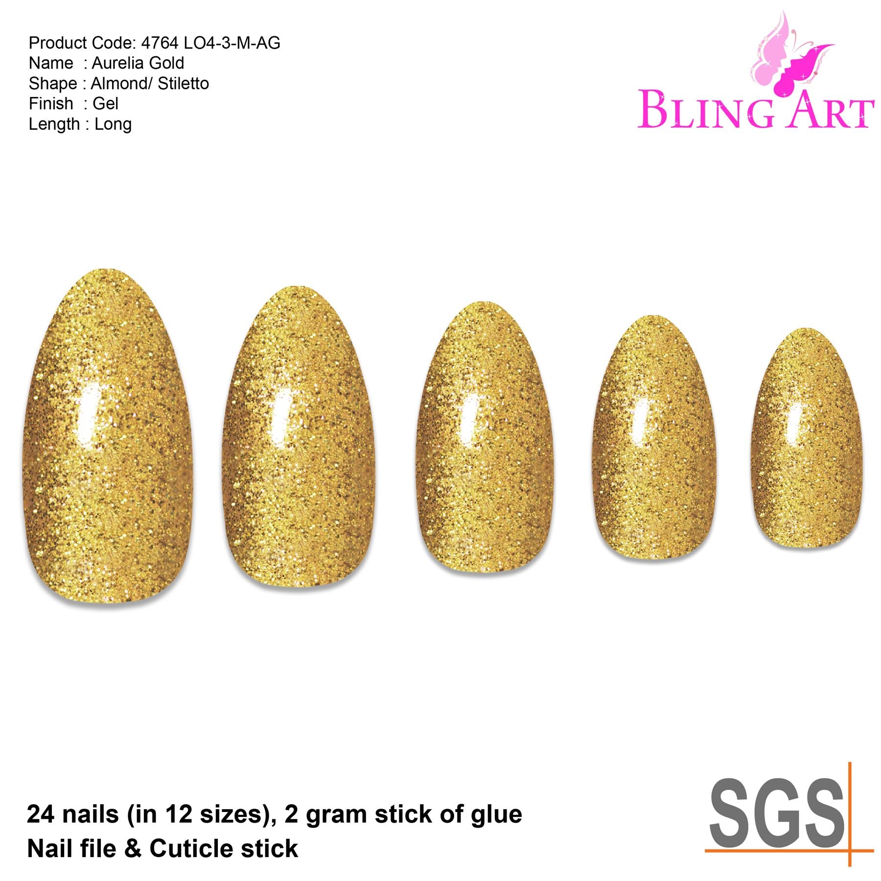 False Nails Bling Art Gold Gel Almond Stiletto Long Fake Acrylic Tips with Glue