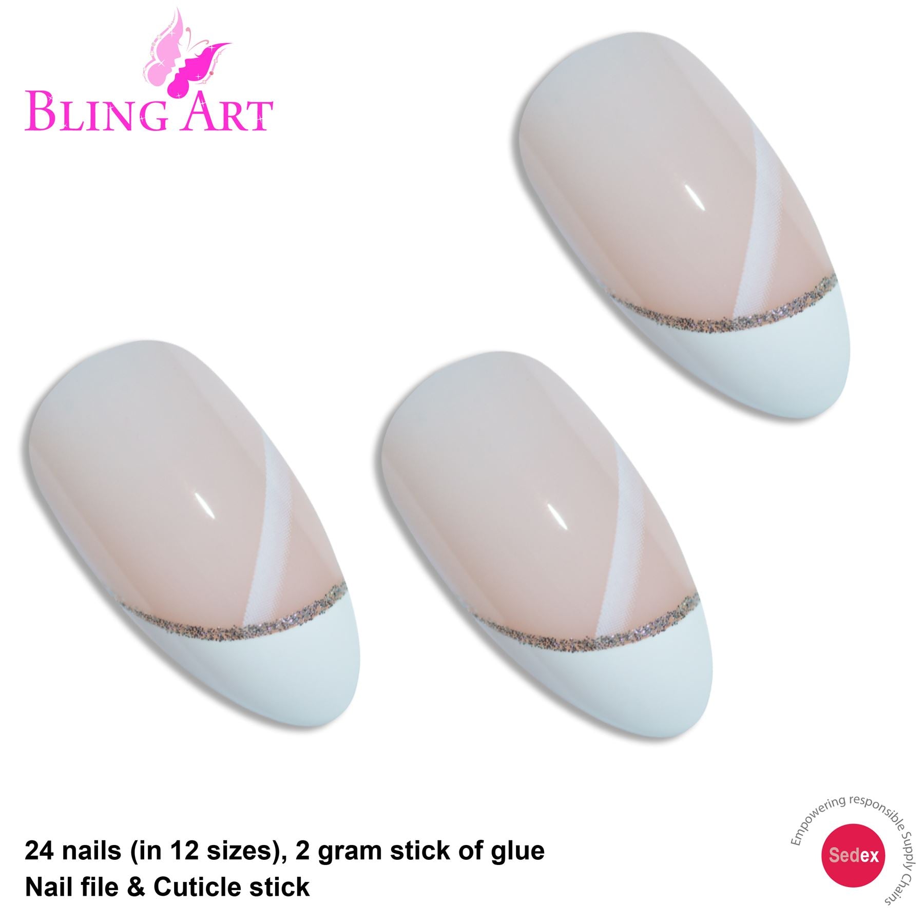 False Nails Bling Art White Glitter Almond Stiletto Long Fake Acrylic Tips Glue