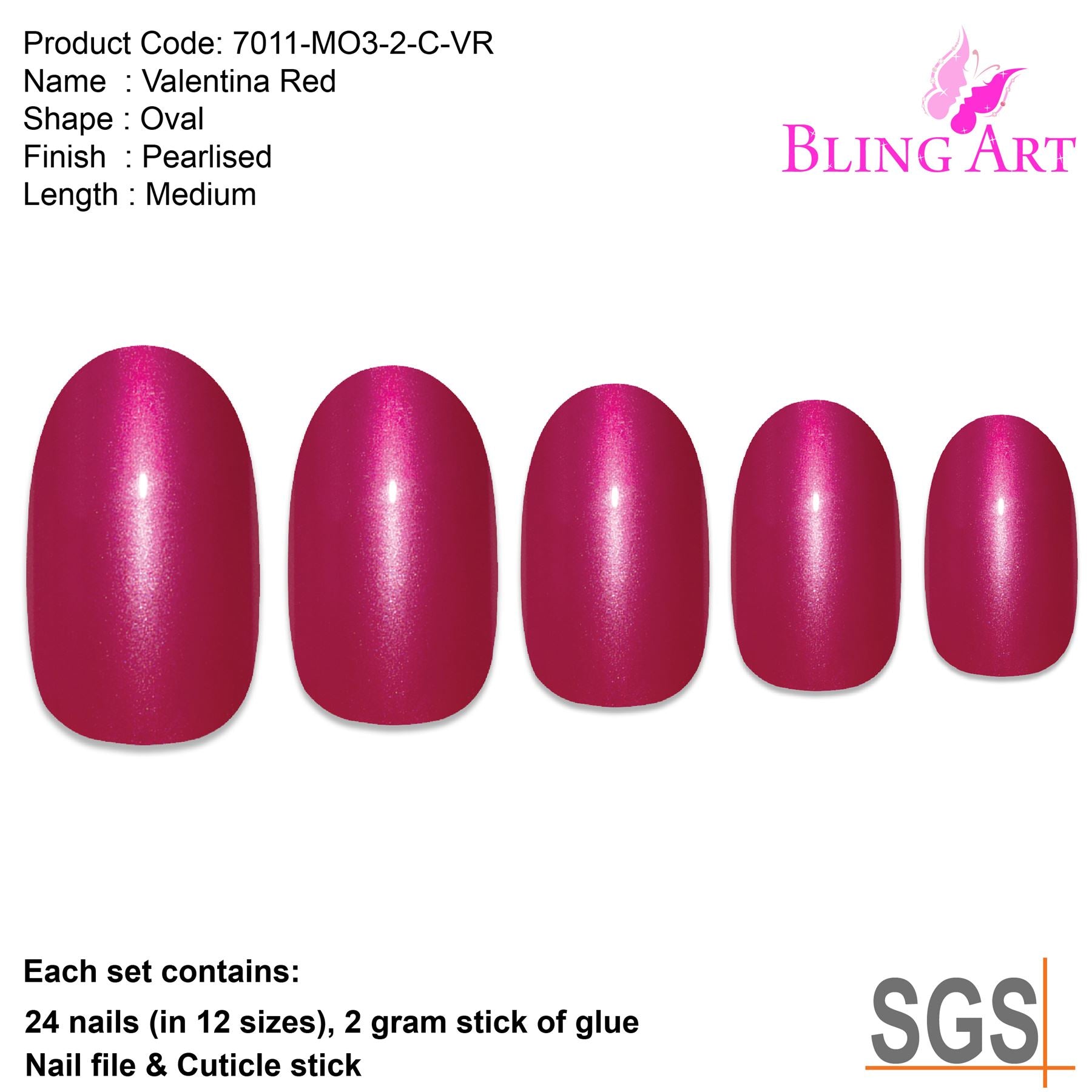 False Nails by Bling Art Red Glitter Oval Medium Fake Acrylic 24 Tips with Glue