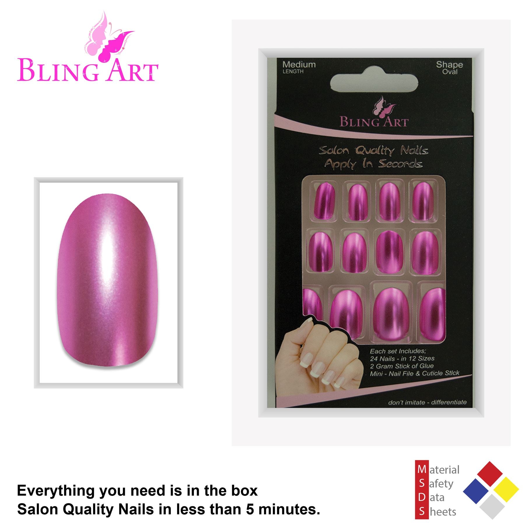 False Nails by Bling Art Pink Matte Metallic Oval Medium Fake Acrylic Tips Glue
