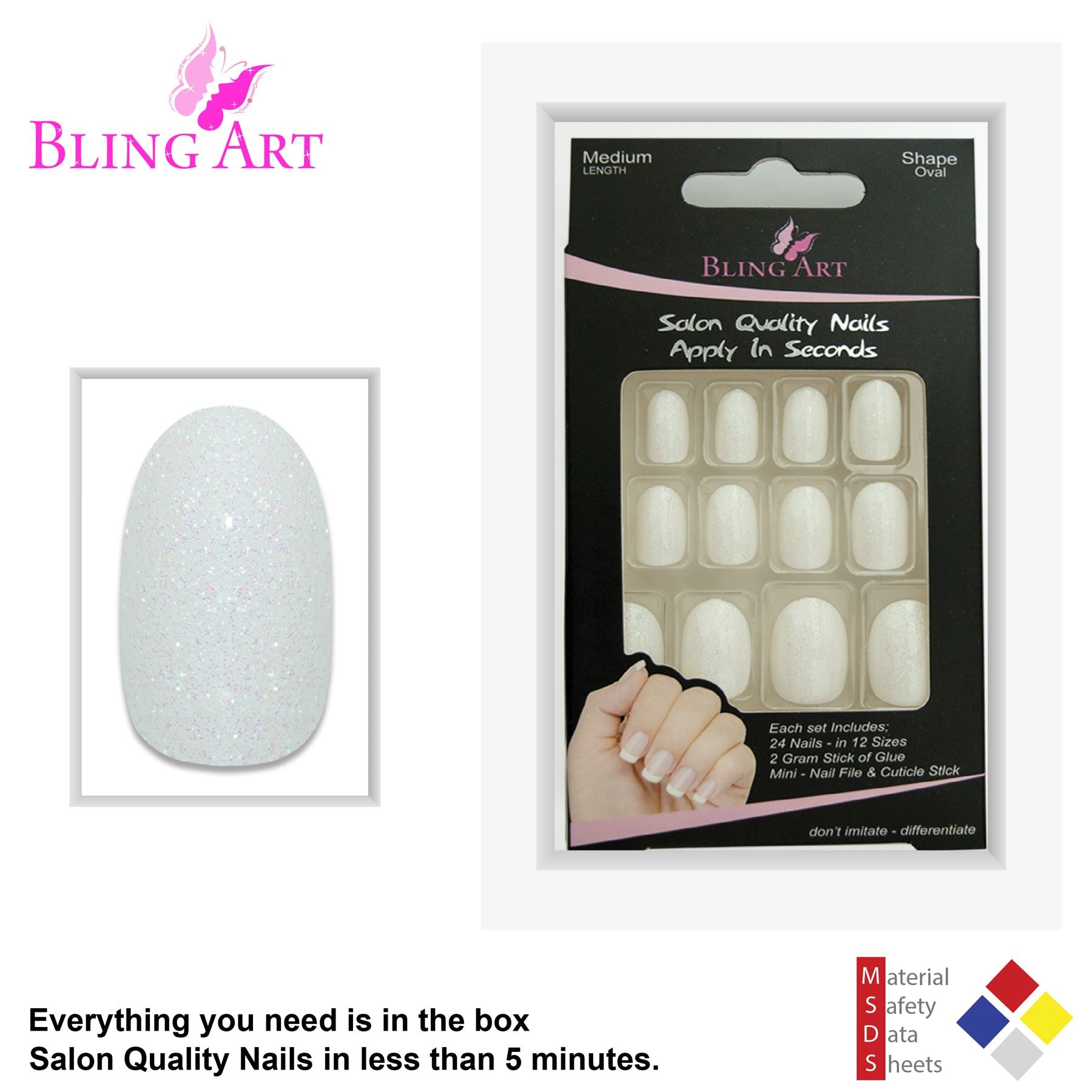 False Nails by Bling Art White Gel Oval Medium Fake Acrylic 24 Tips with Glue
