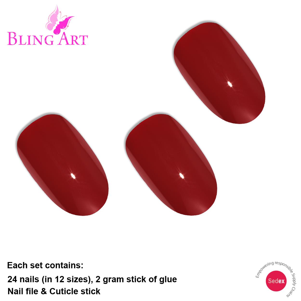 False Nails by Bling Art Red Polished Oval Medium Fake 24 Acrylic Nail Tips