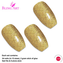 False Nails by Bling Art Gold Gel Ballerina Coffin 24 Fake Long Acrylic Tips