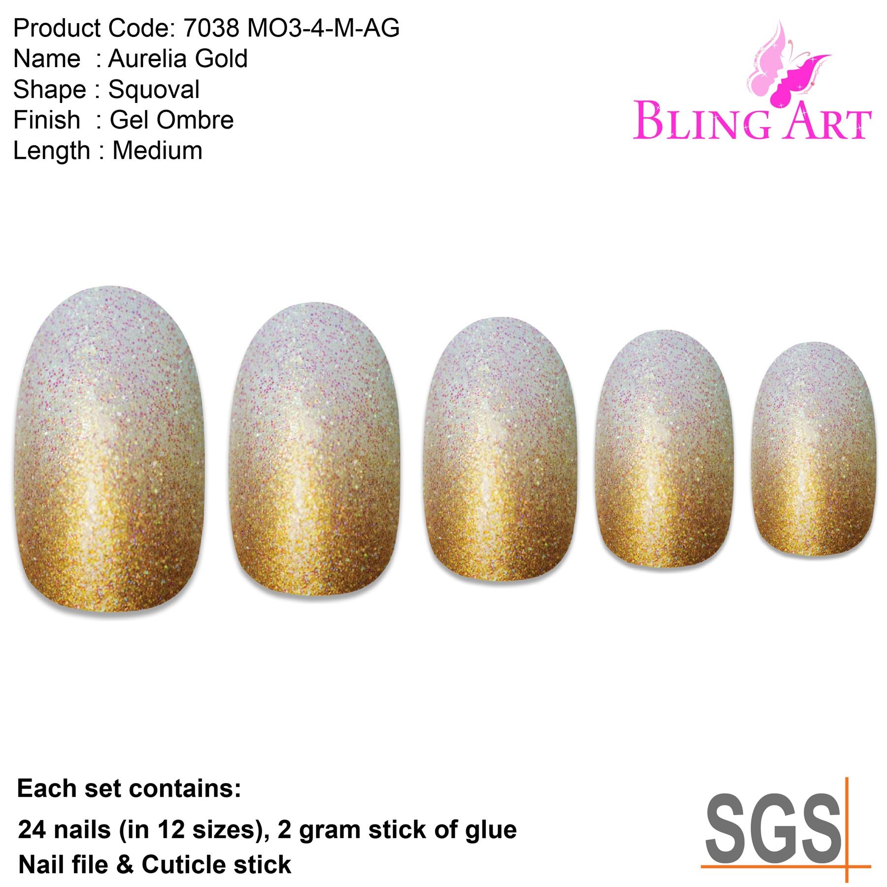 False Nails by Bling Art Gold Gel Ombre Oval Medium Fake Acrylic 24 Tips Glue