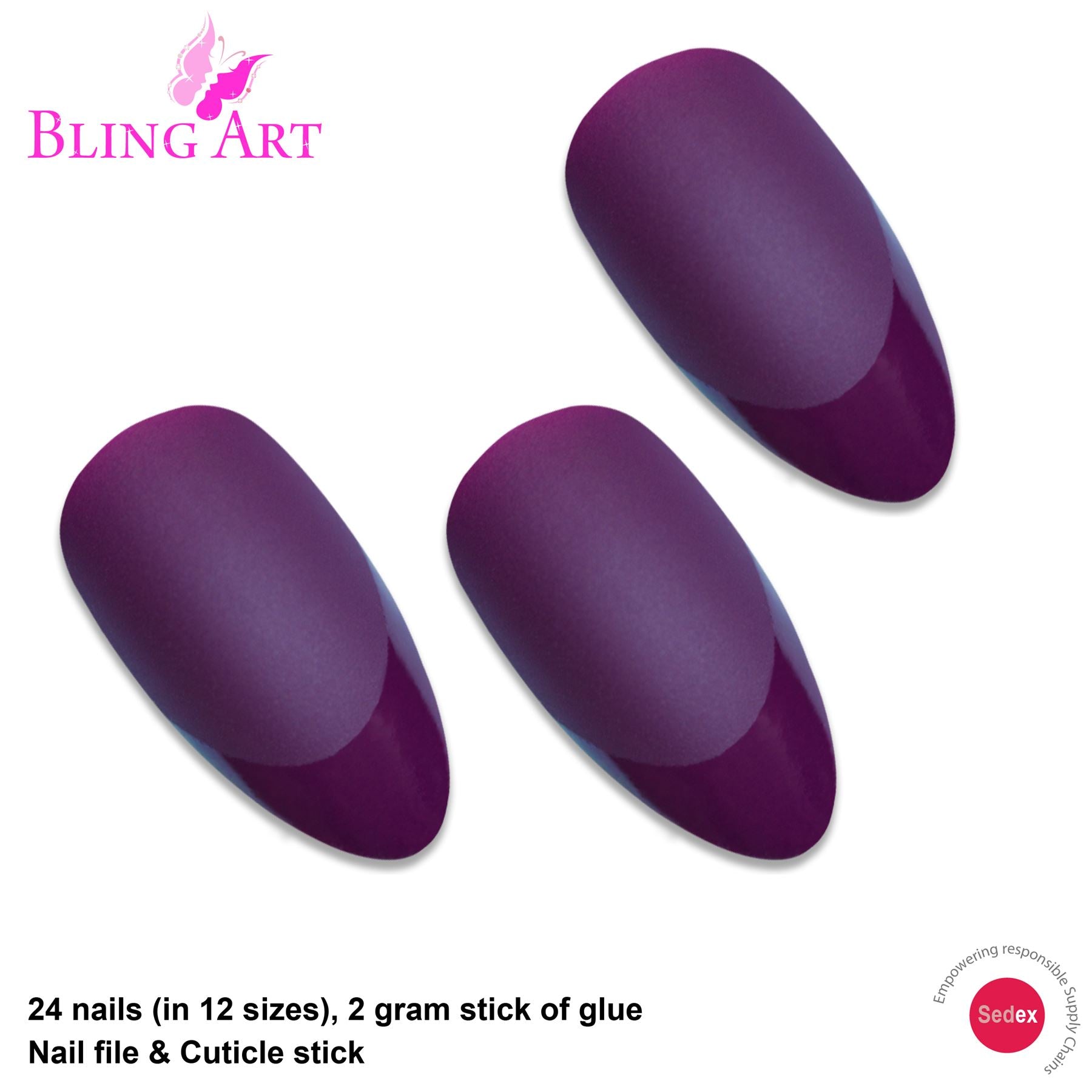 False Nails by Bling Art Purple Matte Almond Stiletto 24 Fake Long Acrylic Tips