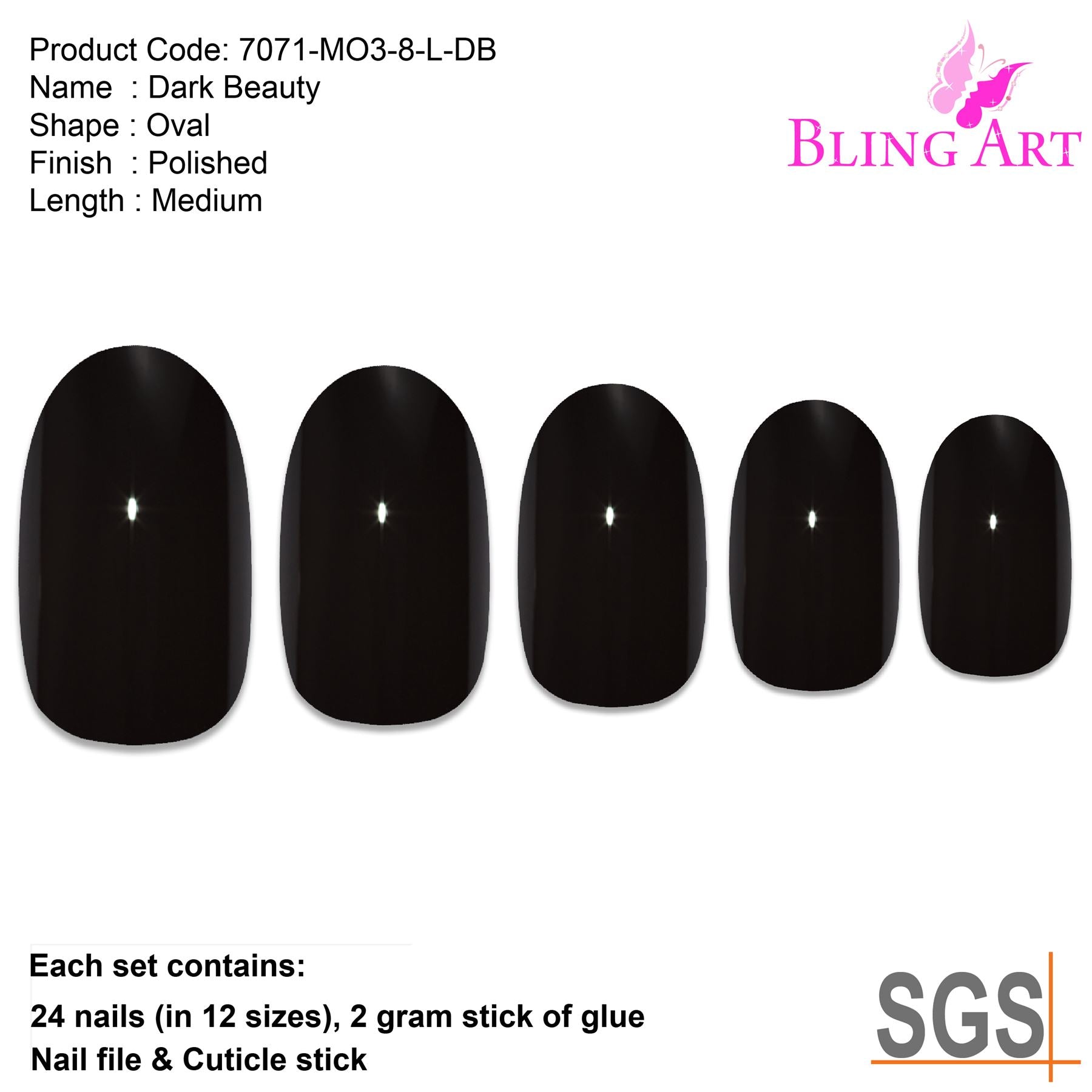 False Nails by Bling Art Black Polished Oval Medium Fake 24 Acrylic Nail Tips