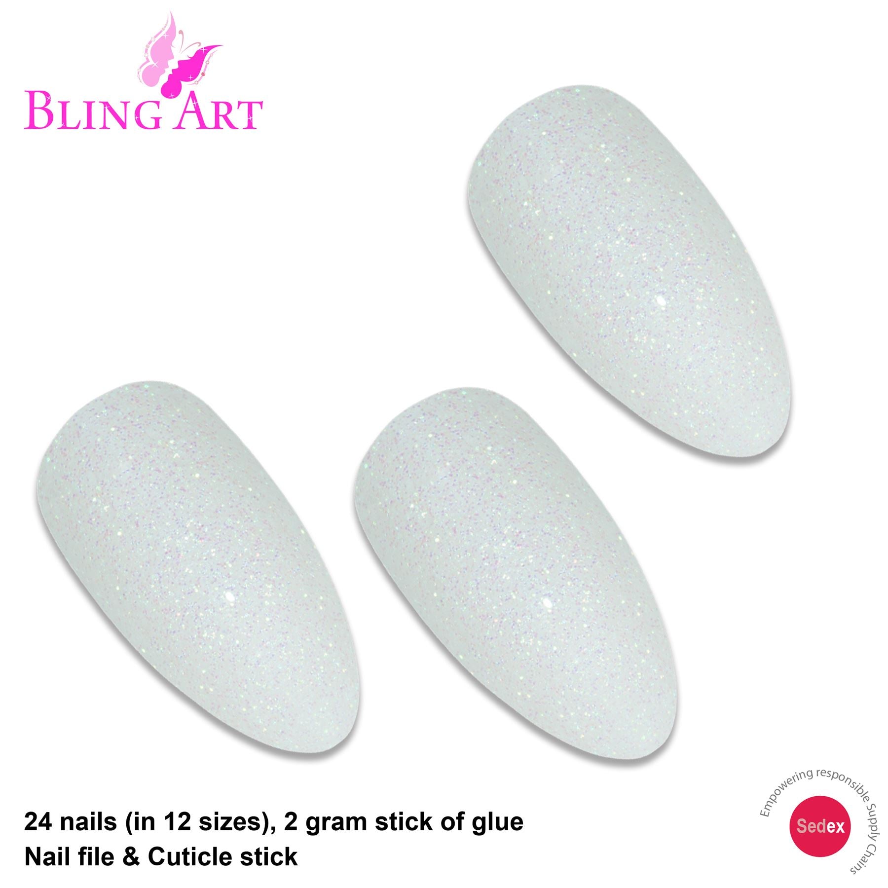 False Nails by Bling Art White Gel Almond Stiletto 24 Fake Long Acrylic Tips
