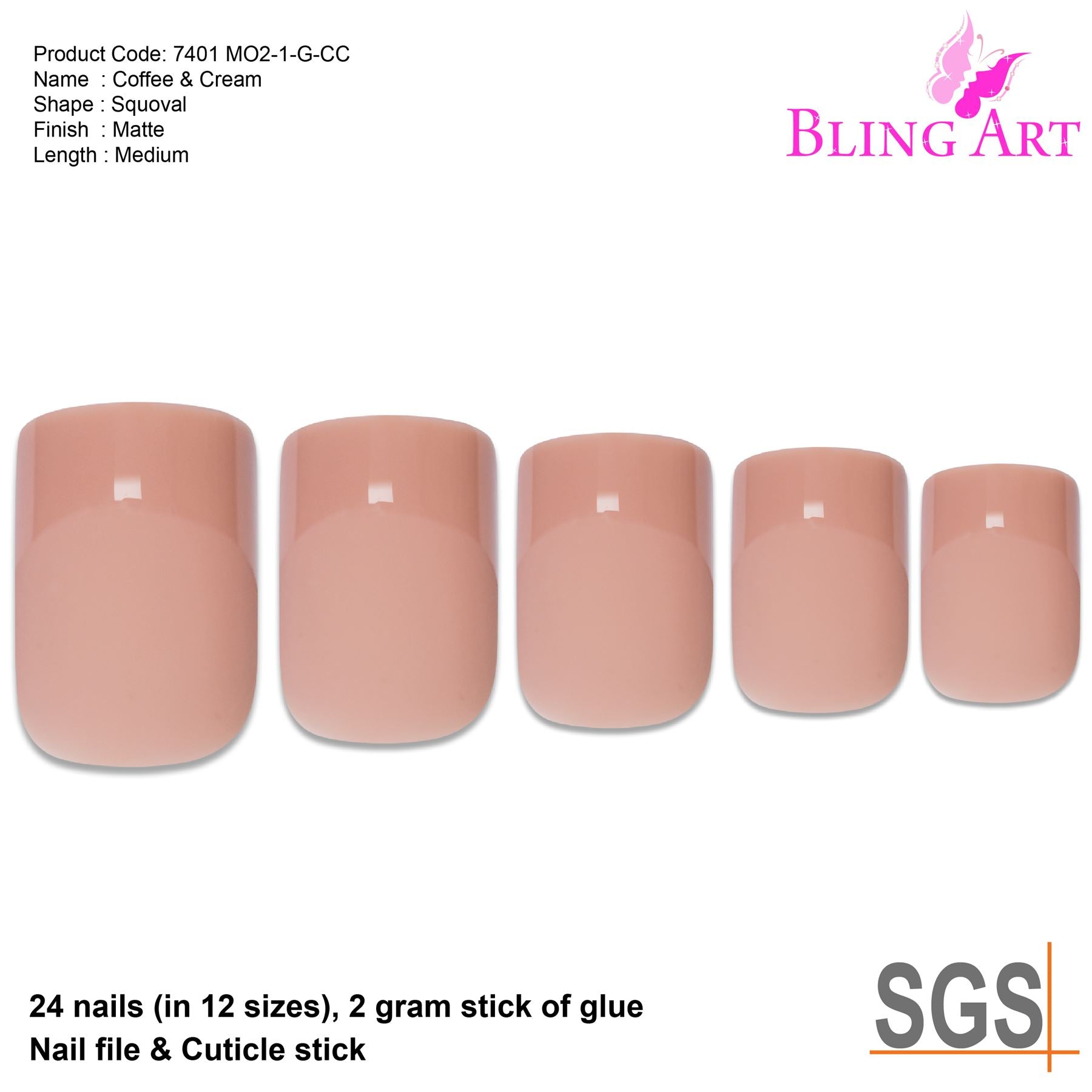 False Nails by Bling Art Beige Matte French Squoval 24 Fake Medium Acrylic Tips