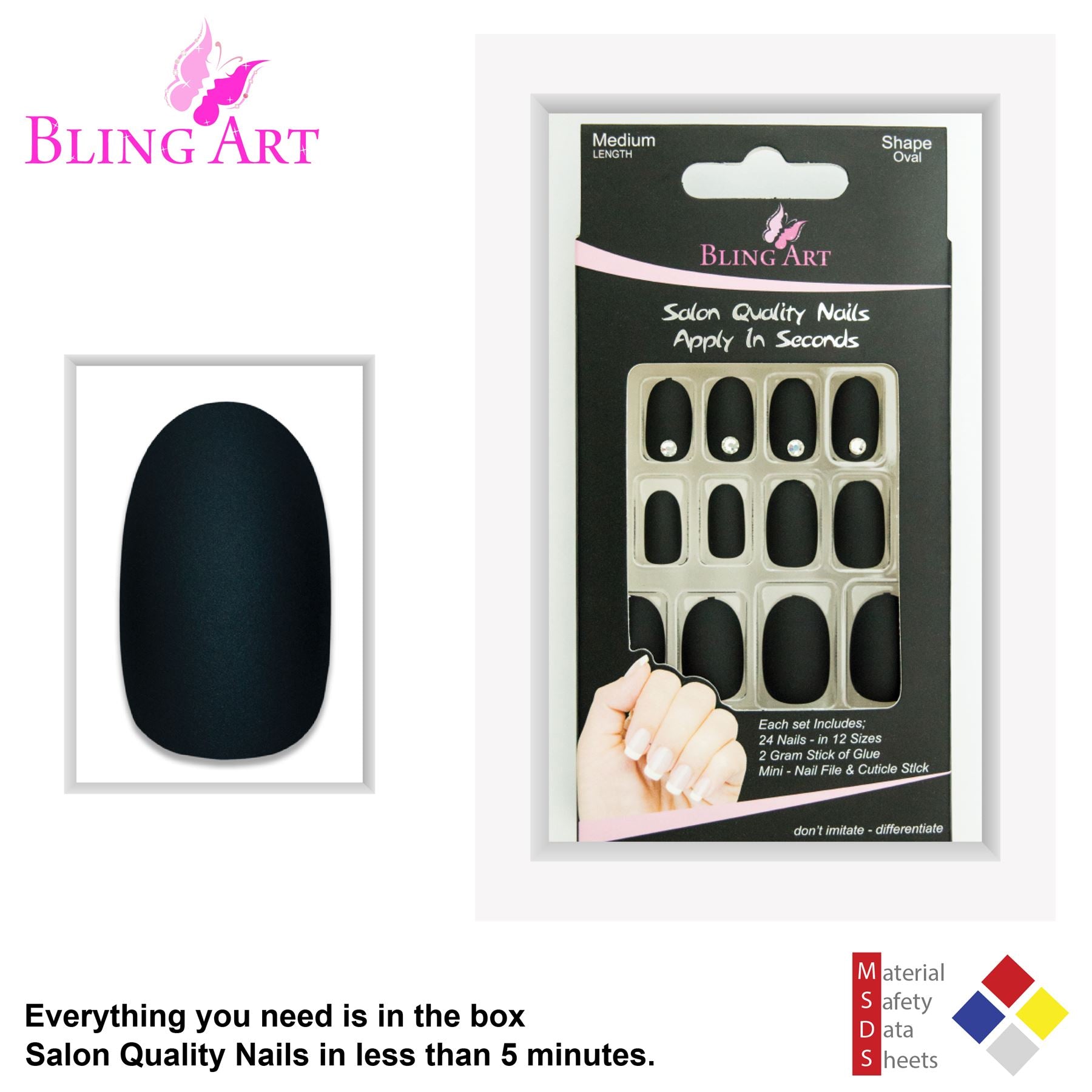 False Nails by Bling Art Black Matte Oval Medium Fake Acrylic 24 Tips with Glue