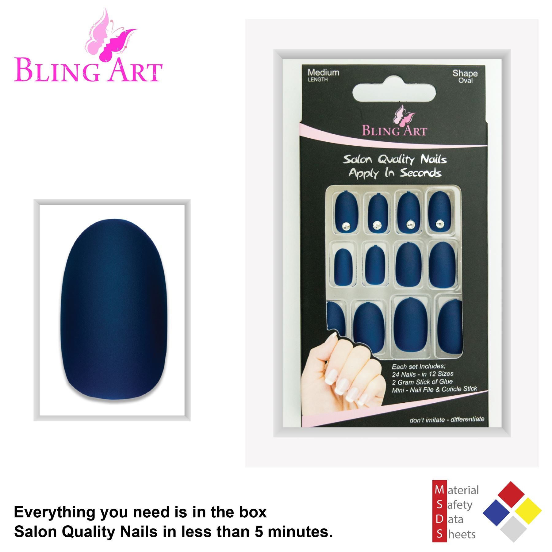 False Nails by Bling Art Blue Matte Oval Medium Fake Acrylic 24 Tips with Glue