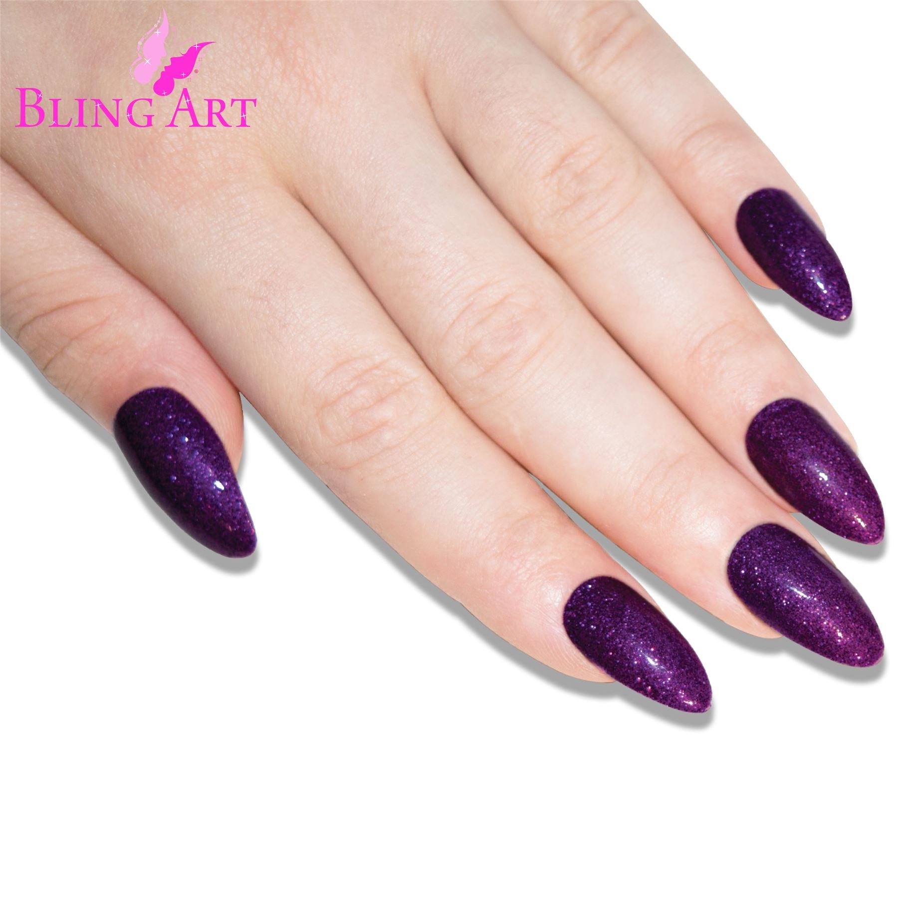 False Nails Bling Art Purple Gel Almond Stiletto Long Fake Acrylic Tips ...