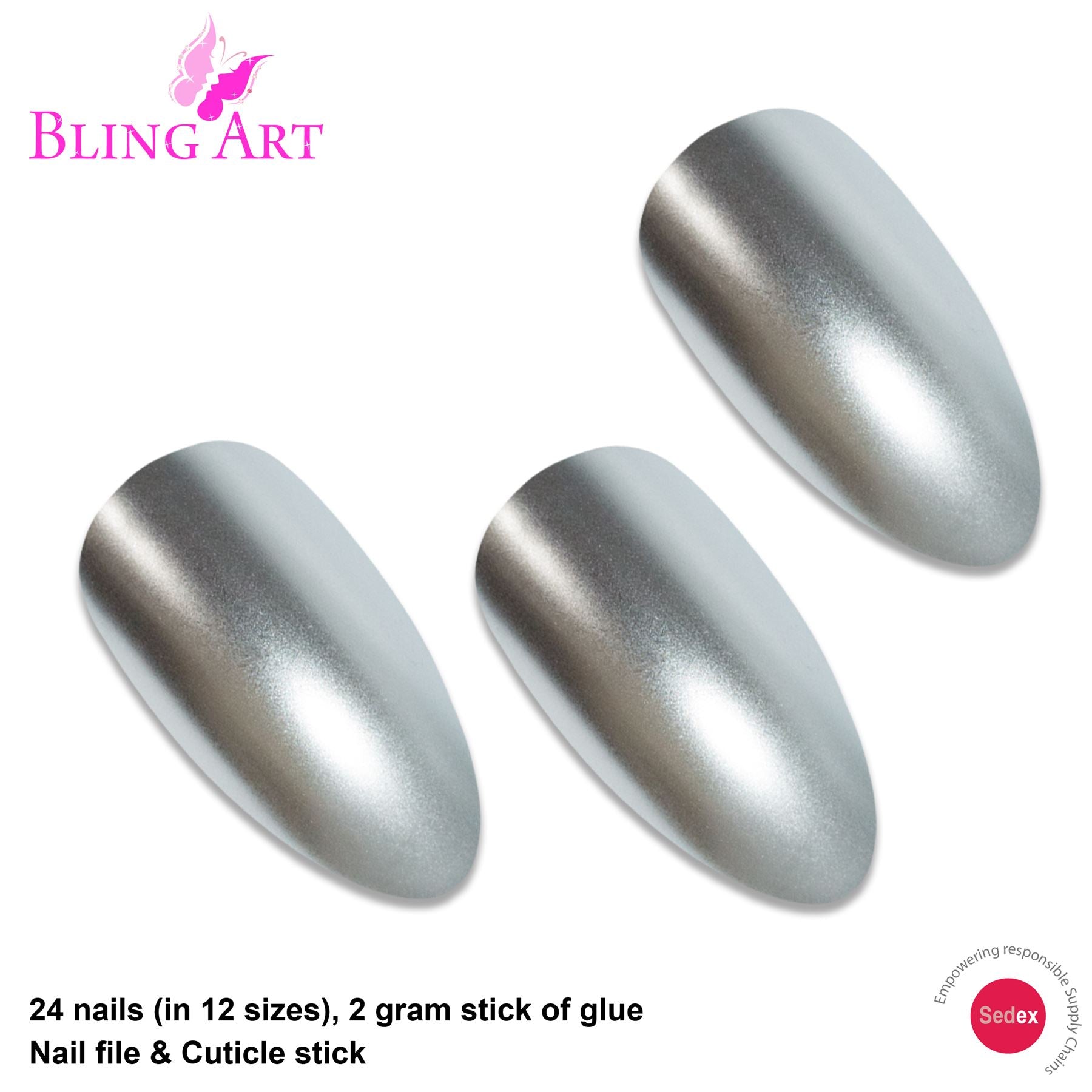 False Nails by Bling Art Silver Matte Metallic Almond Stiletto Fake Acrylic Tips