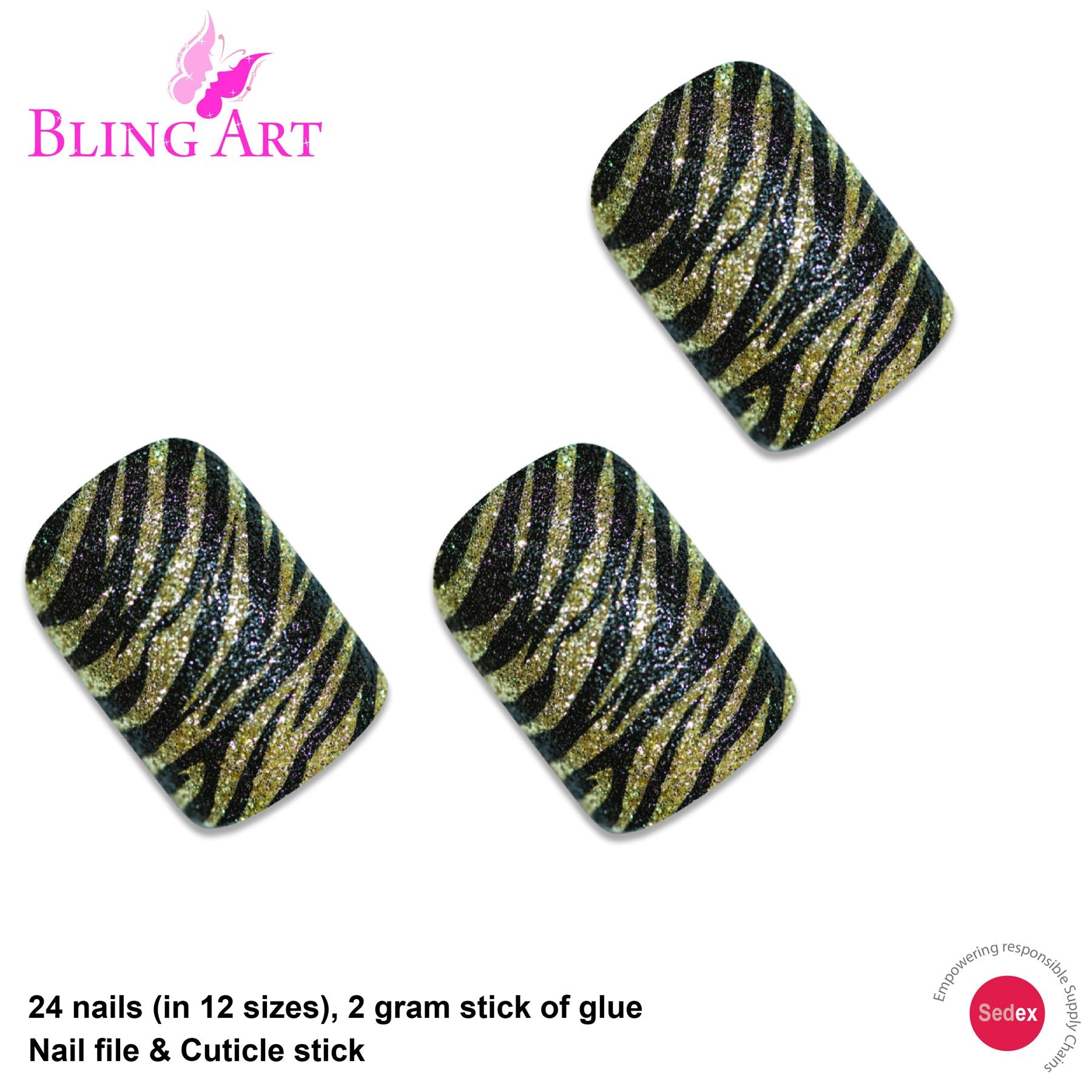 False Nails by Bling Art Gold Black French Manicure Fake Medium Tips with Glue